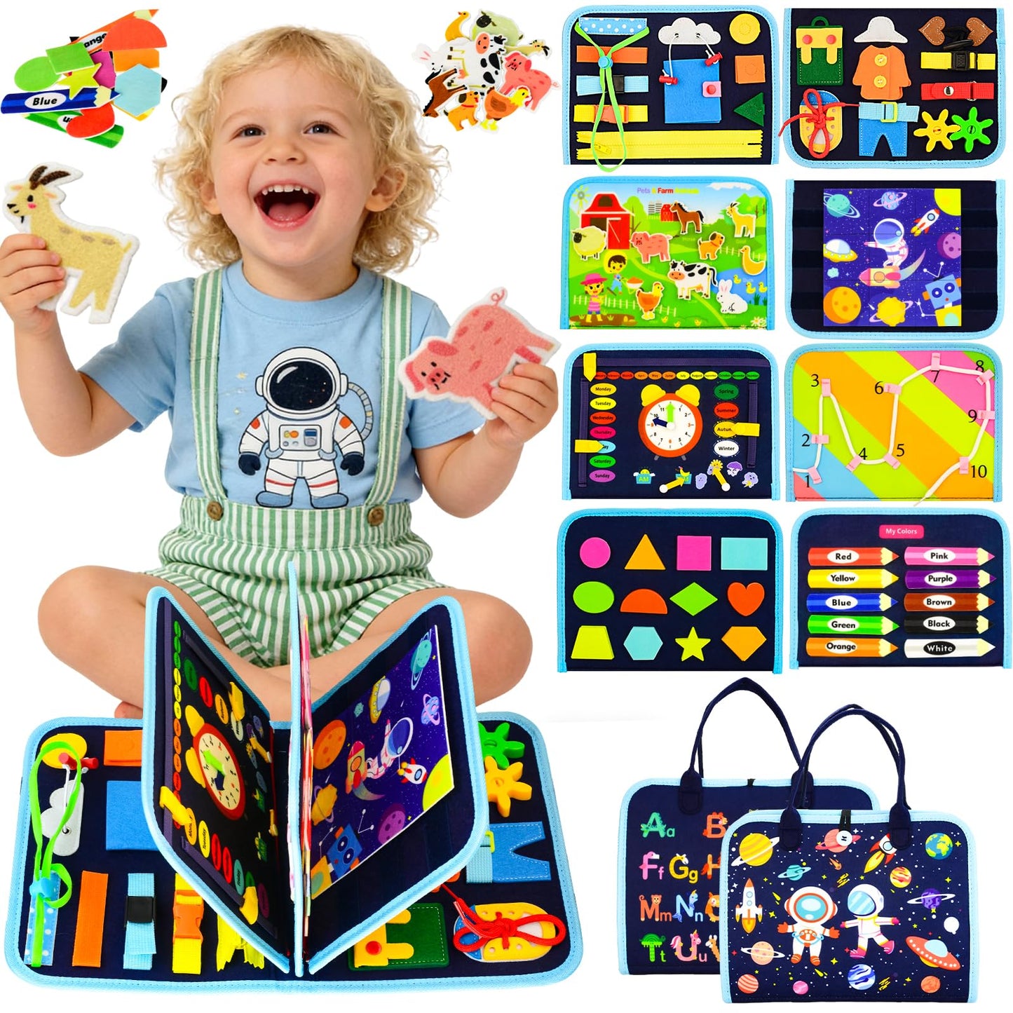 Pnooe Toddler Busy Board – Montessori Learning Toy, 8 Pages, Travel-Friendly Sensory Activity Book
