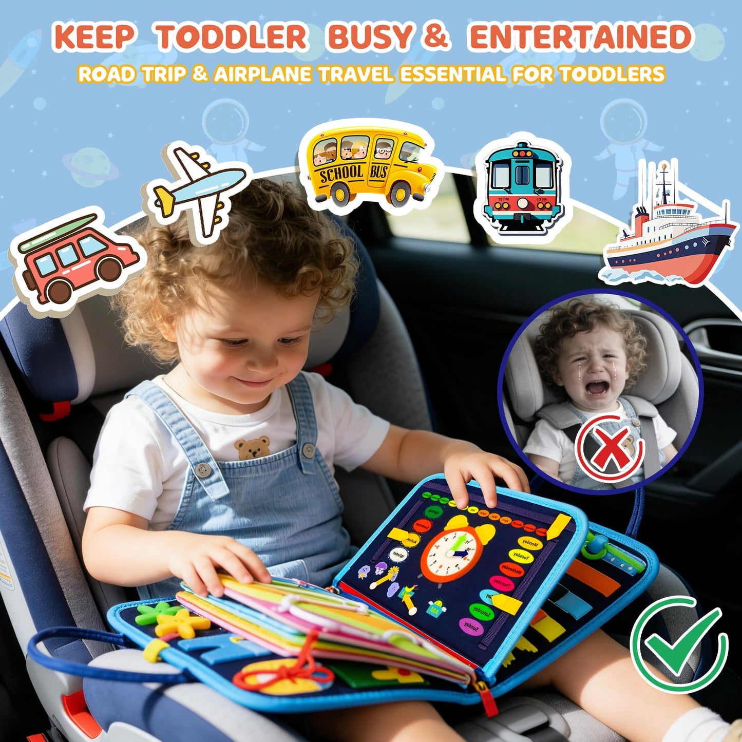 Pnooe Toddler Busy Board – Montessori Learning Toy, 8 Pages, Travel-Friendly Sensory Activity Book