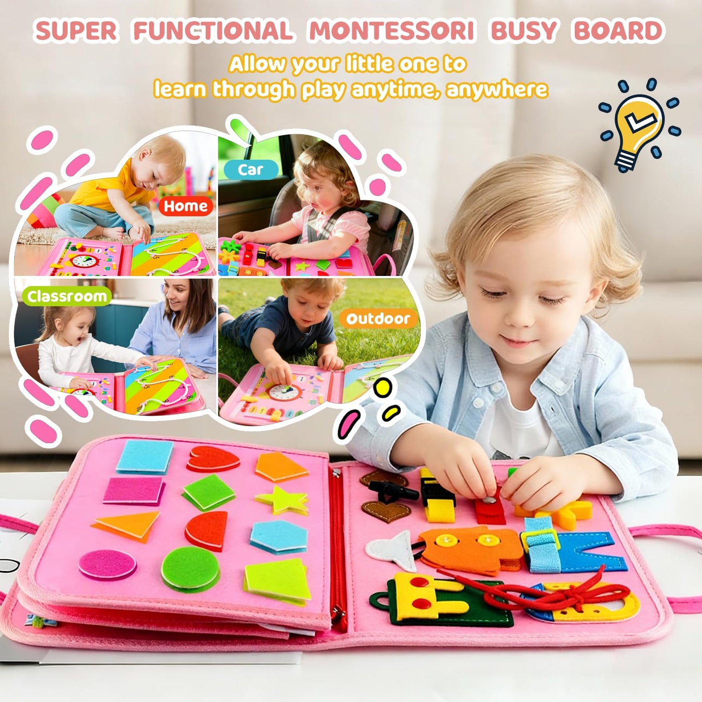 Pnooe Toddler Busy Board Montessori Toys – Educational Learning & Travel Activity Book