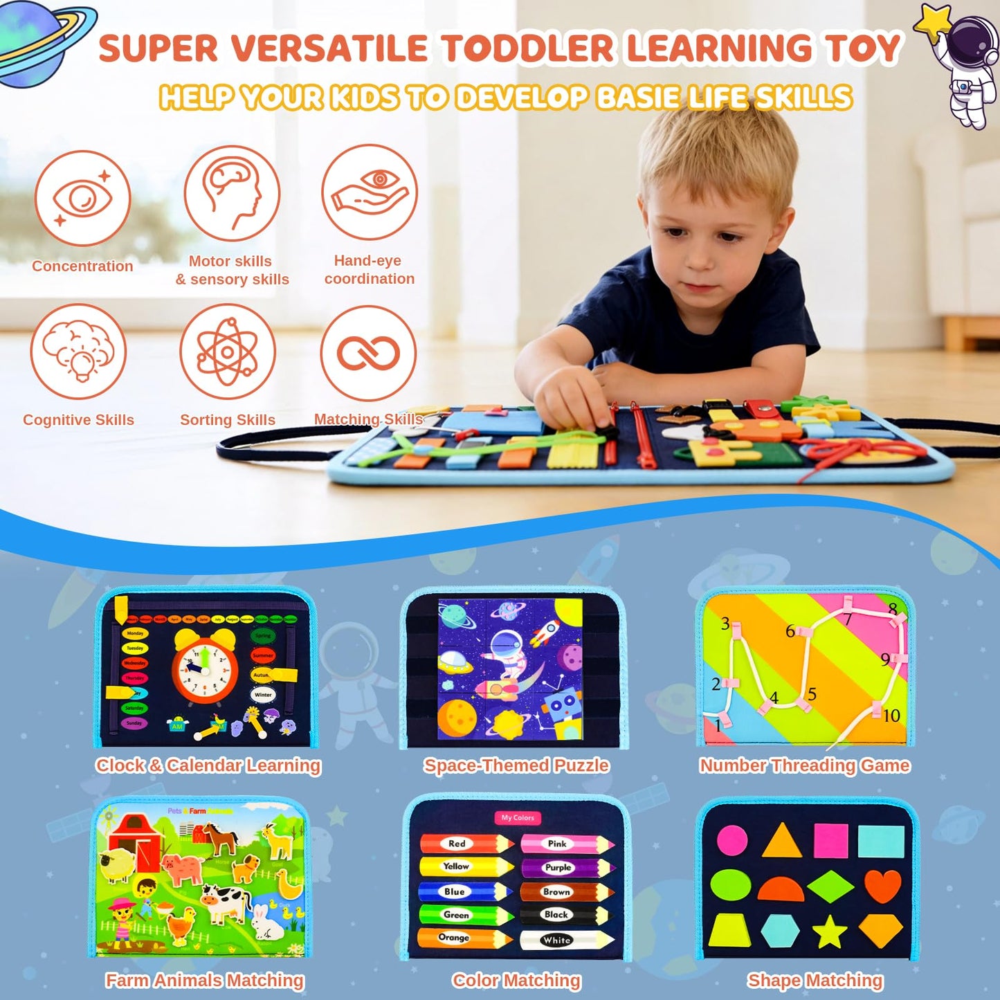 Pnooe Toddler Busy Board – Montessori Learning Toy, 8 Pages, Travel-Friendly Sensory Activity Book