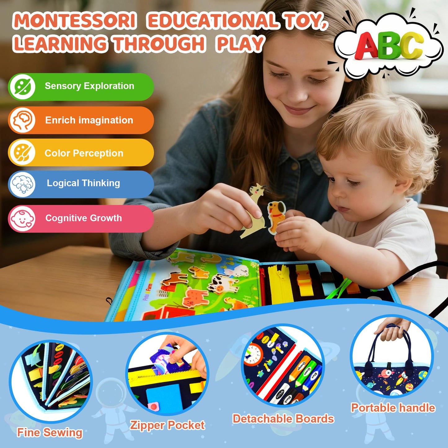 Pnooe Toddler Busy Board – Montessori Learning Toy, 8 Pages, Travel-Friendly Sensory Activity Book