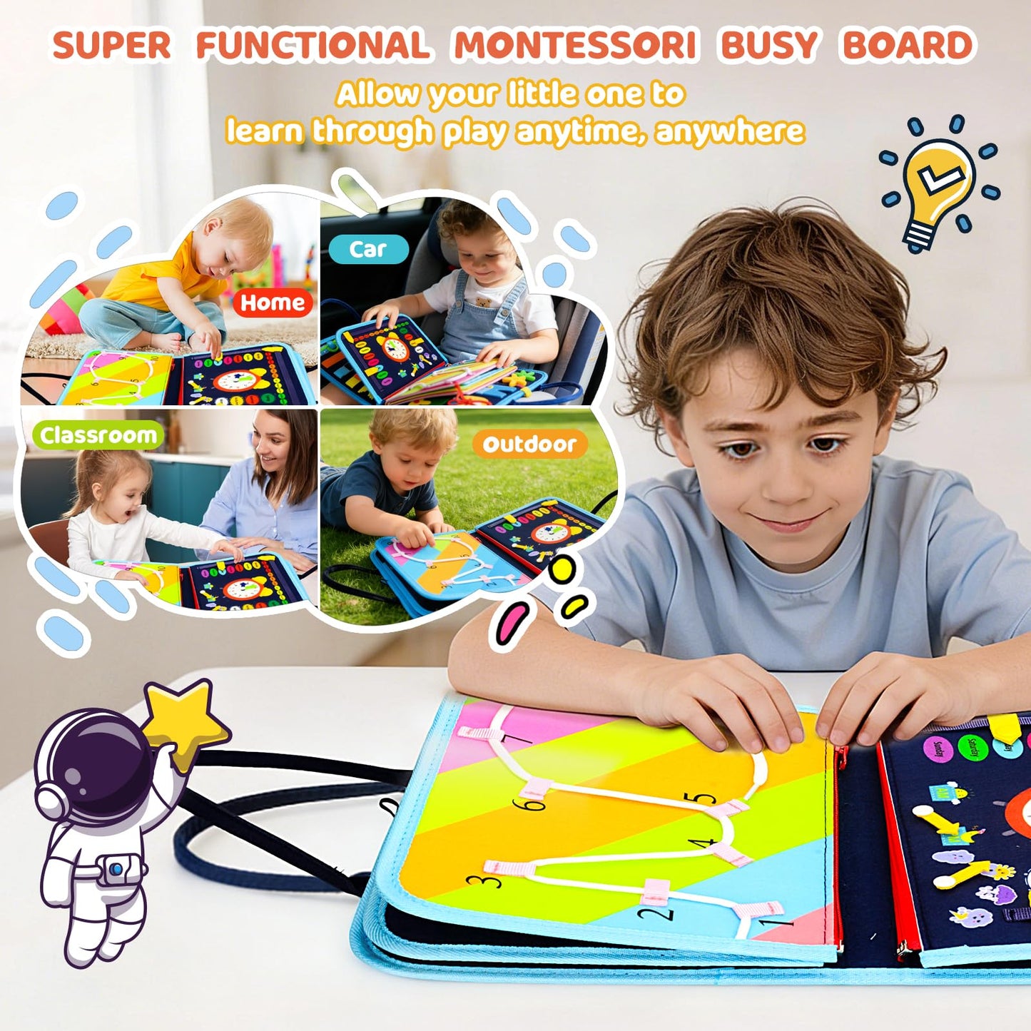 Pnooe Toddler Busy Board – Montessori Learning Toy, 8 Pages, Travel-Friendly Sensory Activity Book