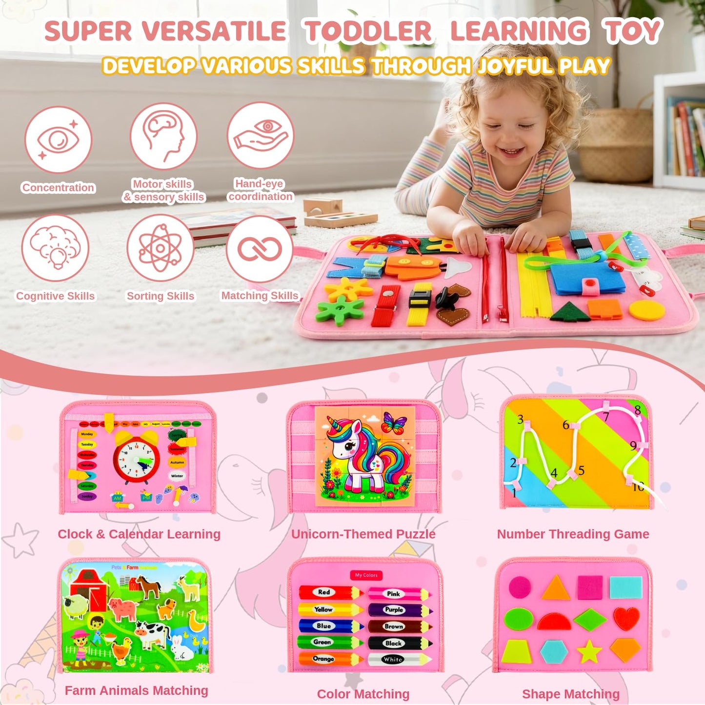 Pnooe Toddler Busy Board Montessori Toys – Educational Learning & Travel Activity Book