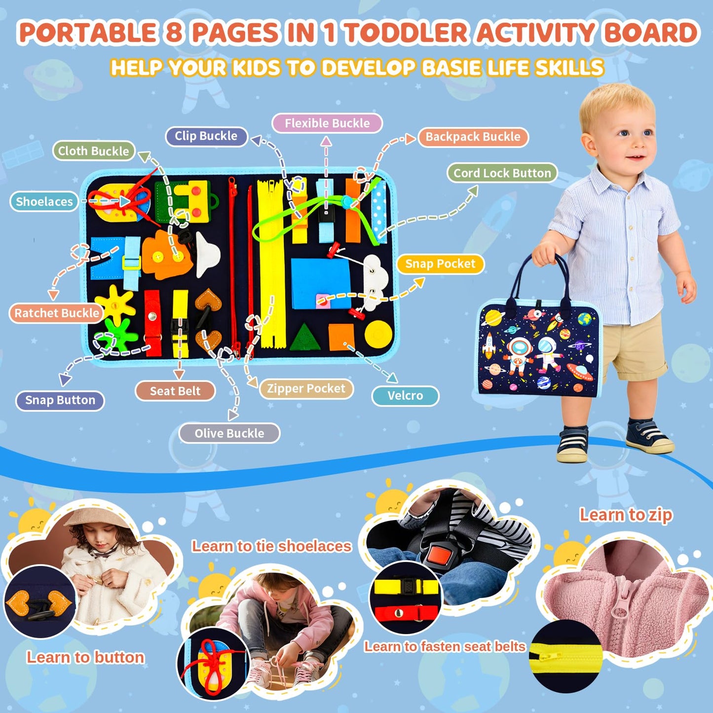 Pnooe Toddler Busy Board – Montessori Learning Toy, 8 Pages, Travel-Friendly Sensory Activity Book