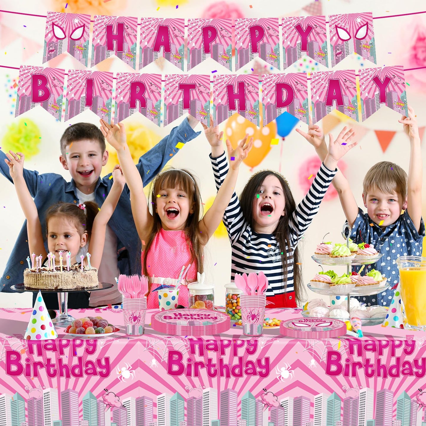 Pnuocax 170pcs Pink Spider Birthday Party Tableware Set – Serves 24