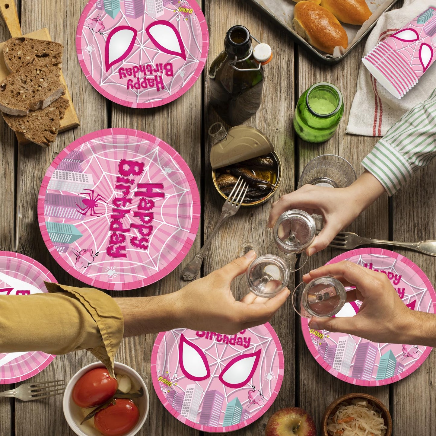 Pnuocax 170pcs Pink Spider Birthday Party Tableware Set – Serves 24