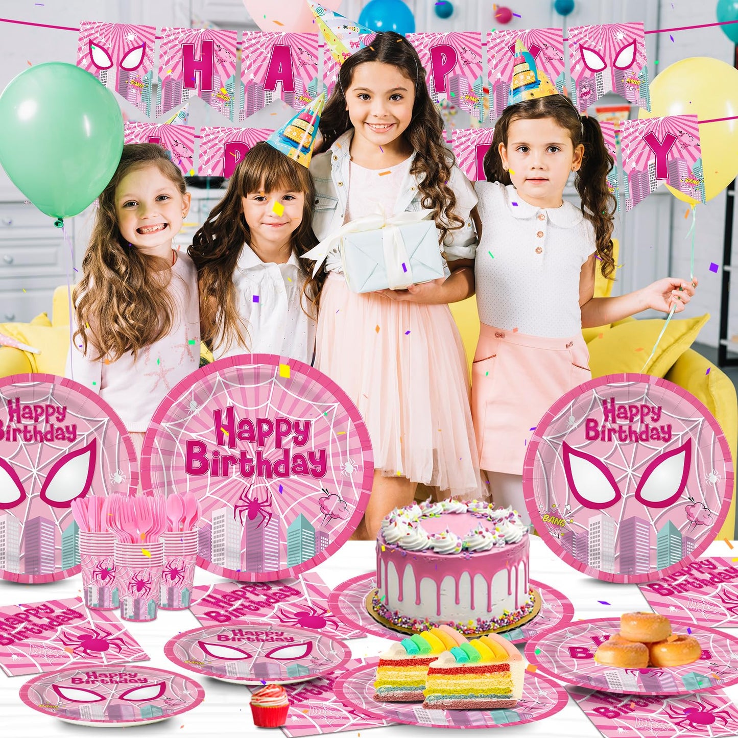 Pnuocax 170pcs Pink Spider Birthday Party Tableware Set – Serves 24