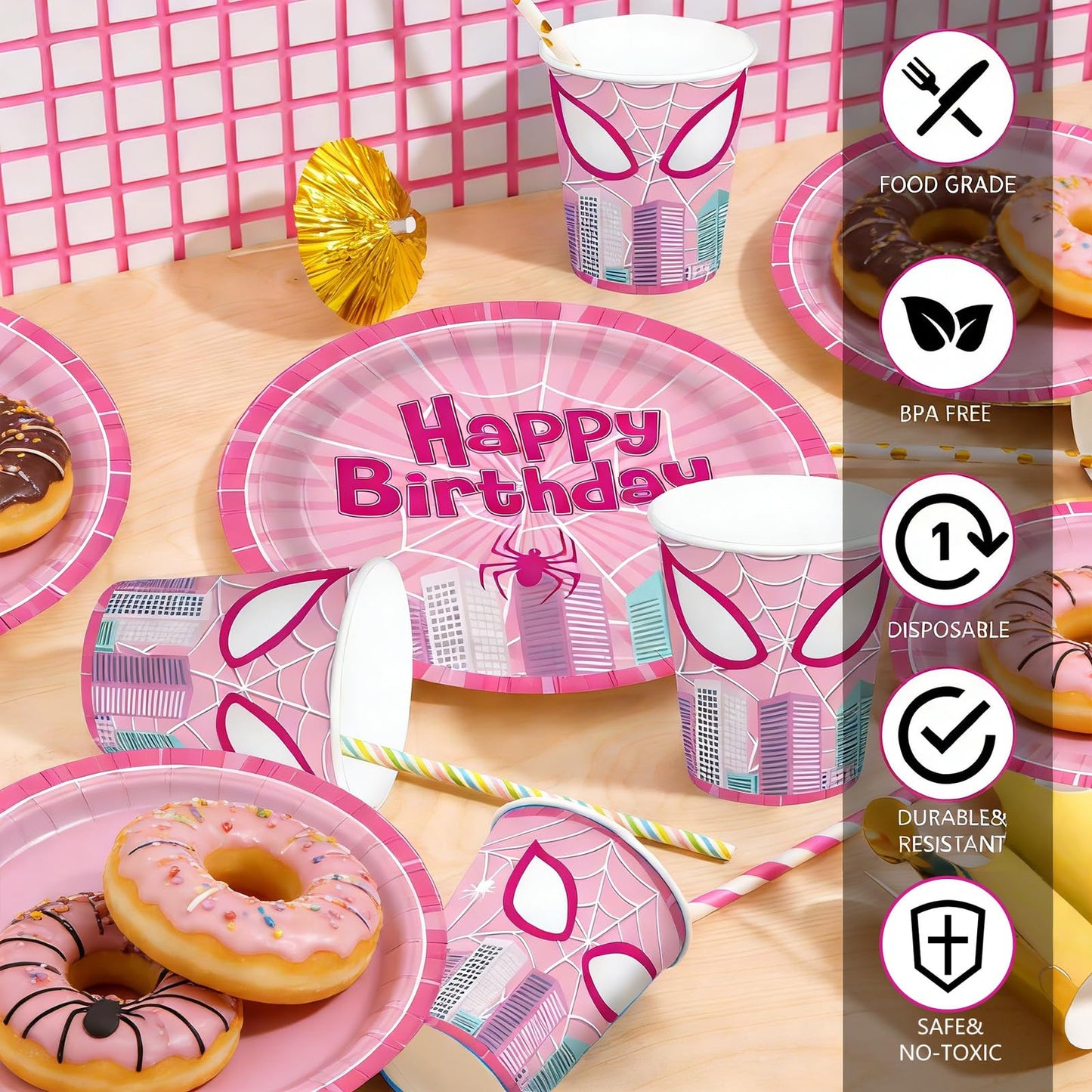 Pnuocax 170pcs Pink Spider Birthday Party Tableware Set – Serves 24