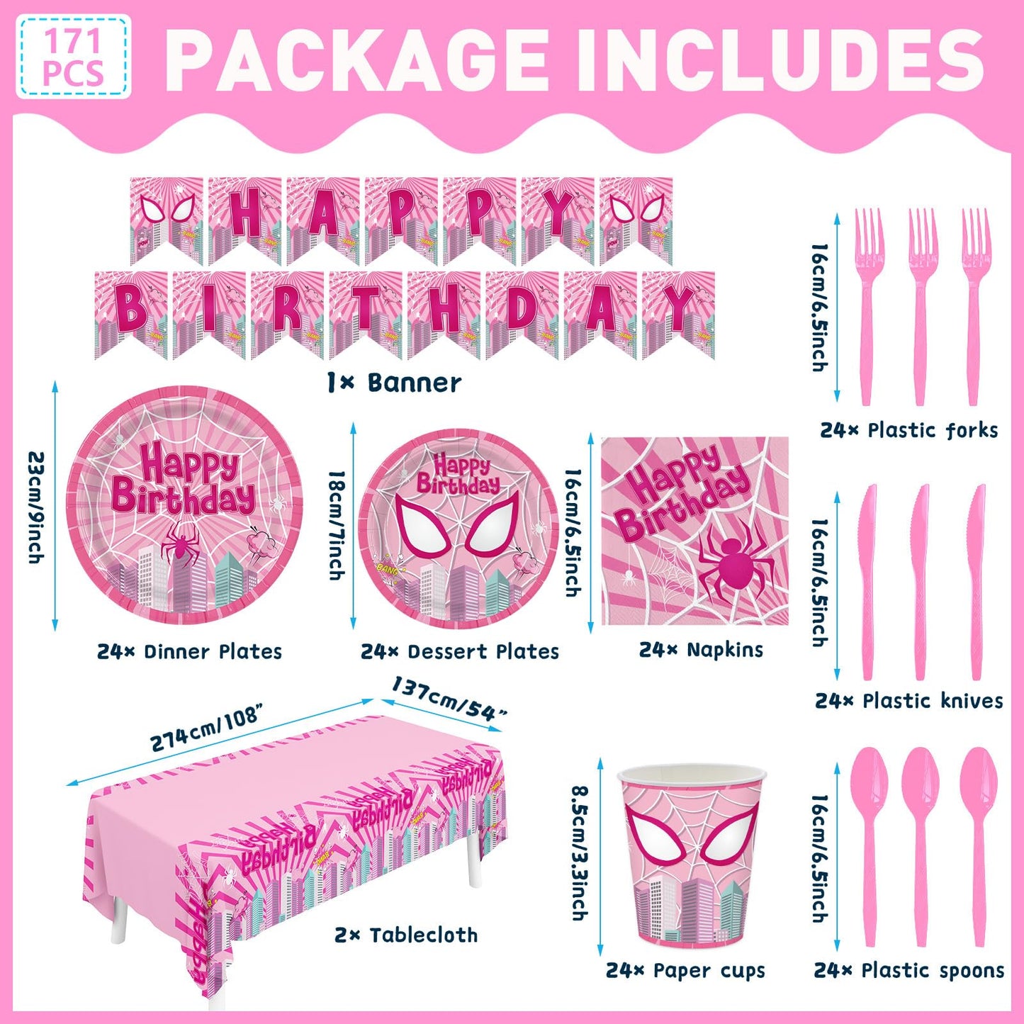 Pnuocax 170pcs Pink Spider Birthday Party Tableware Set – Serves 24