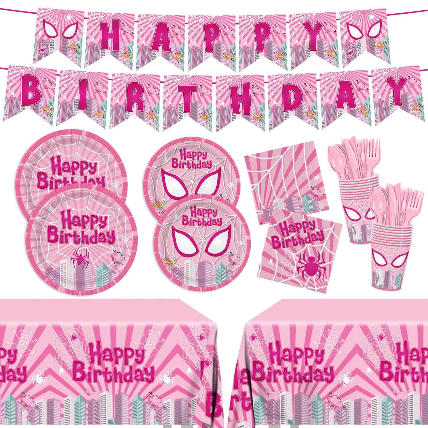 Pnuocax 170pcs Pink Spider Birthday Party Tableware Set – Serves 24