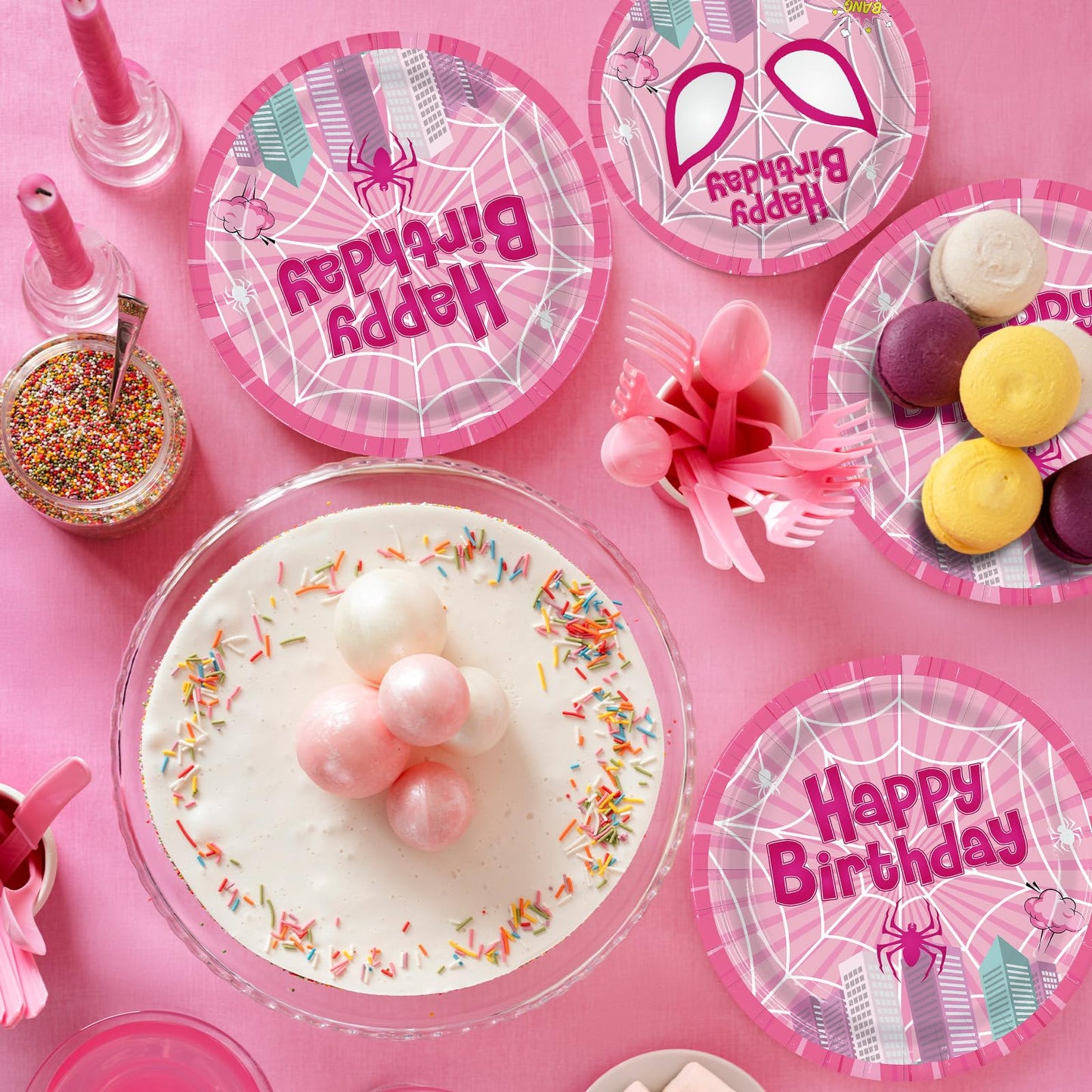 Pnuocax 170pcs Pink Spider Birthday Party Tableware Set – Serves 24