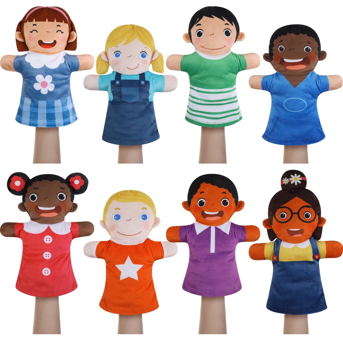 Poen 8 Pcs Hand Puppets Set – Multicultural Soft Plush Puppets for Kids Play, Learning, and Storytelling