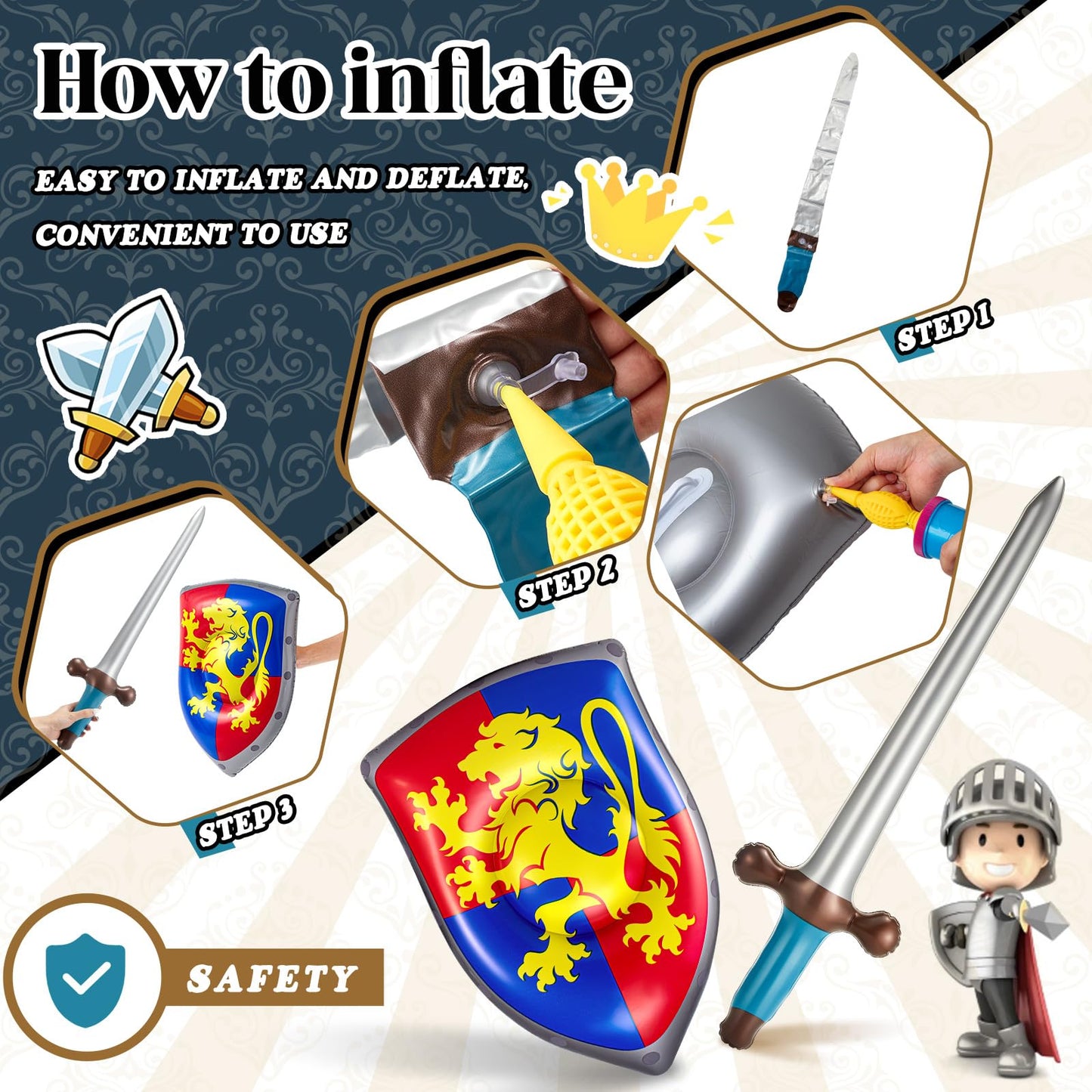 Poen 24 Pcs Inflatable Sword & Shield Knight Set – Party Favors, Cosplay Props, Medieval Decor