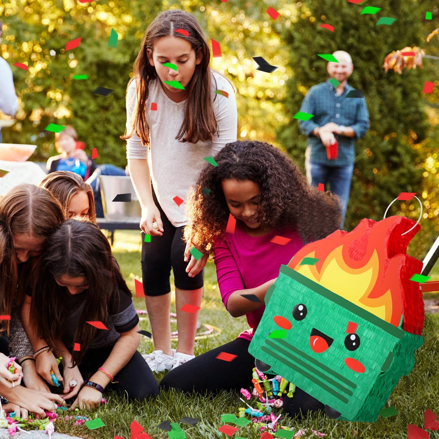Poen Dumpster on Fire Pinata – Green, 15.75 x 12.6 in Party Pinata with Bat, Blindfold & Confetti