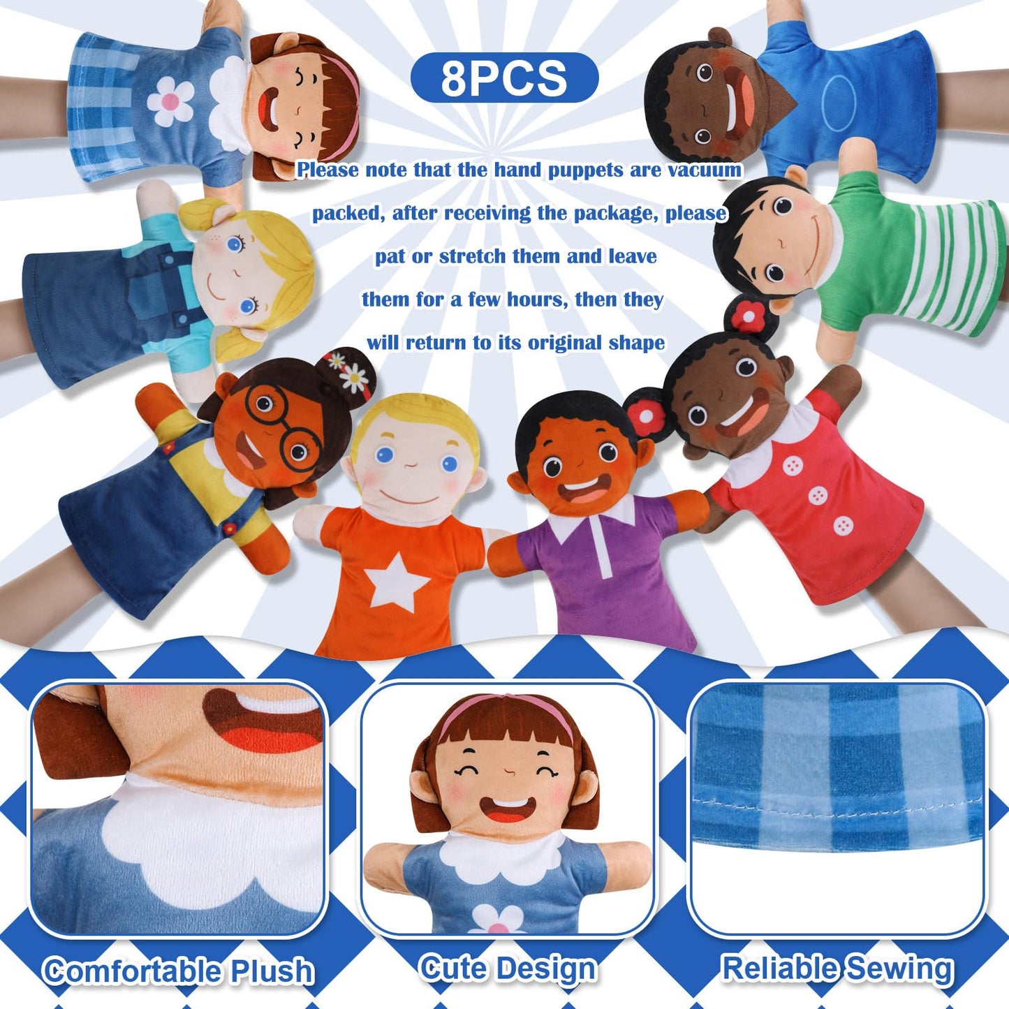 Poen 8 Pcs Hand Puppets Set – Multicultural Soft Plush Puppets for Kids Play, Learning, and Storytelling