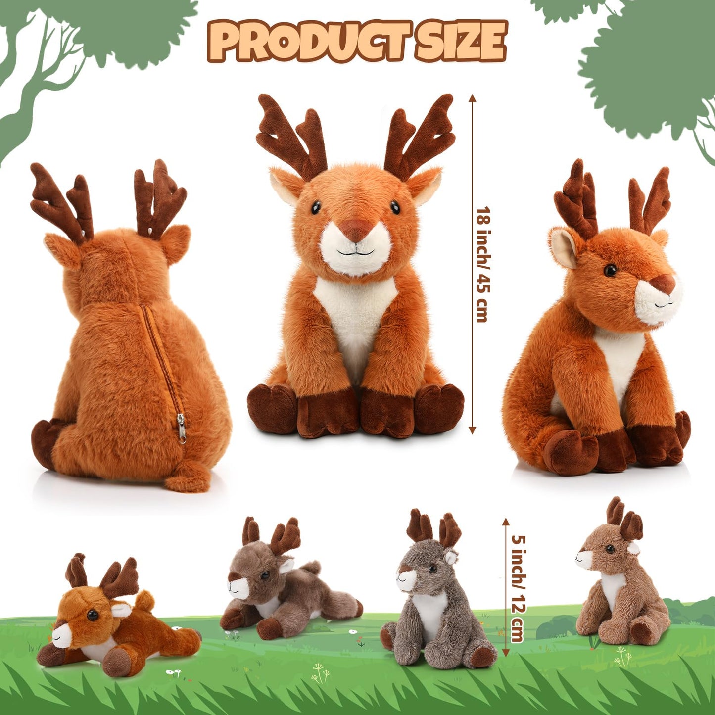 Poen Plush Deer Set: 16-Inch Mother with 4 Fawns | Cuddly Woodland Plush Toys