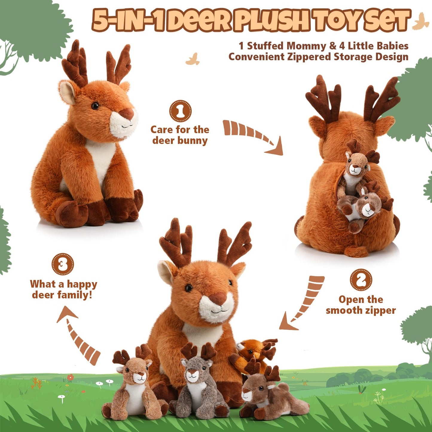 Poen Plush Deer Set: 16-Inch Mother with 4 Fawns | Cuddly Woodland Plush Toys