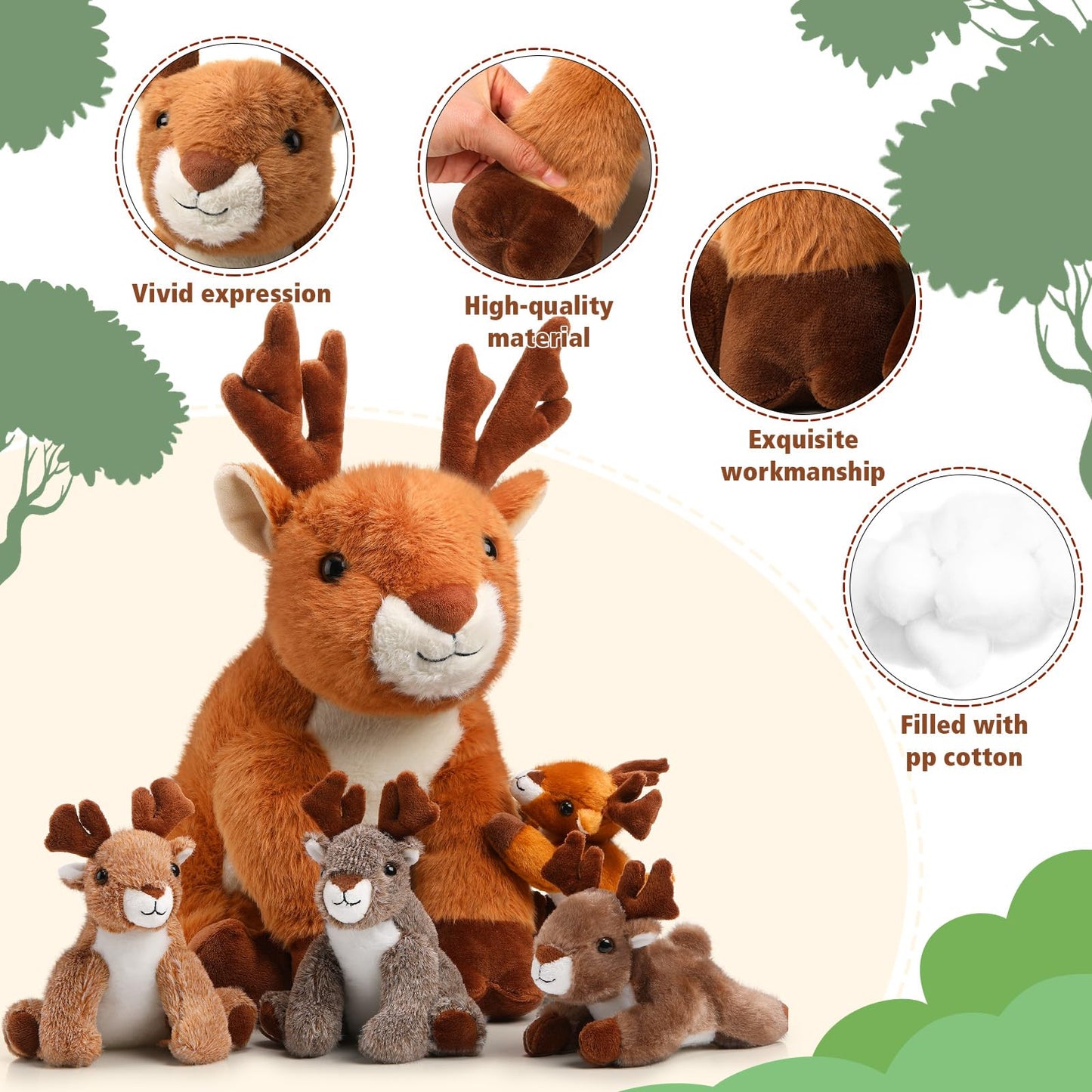 Poen Plush Deer Set: 16-Inch Mother with 4 Fawns | Cuddly Woodland Plush Toys