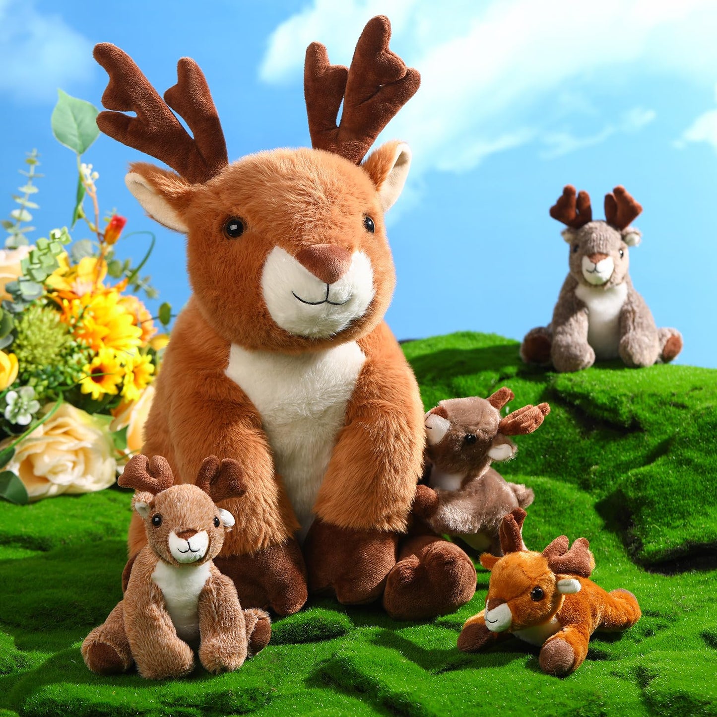 Poen Plush Deer Set: 16-Inch Mother with 4 Fawns | Cuddly Woodland Plush Toys