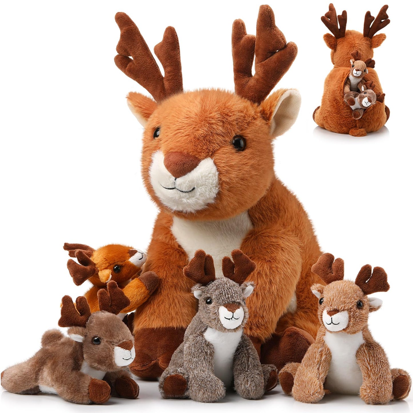Poen Plush Deer Set: 16-Inch Mother with 4 Fawns | Cuddly Woodland Plush Toys