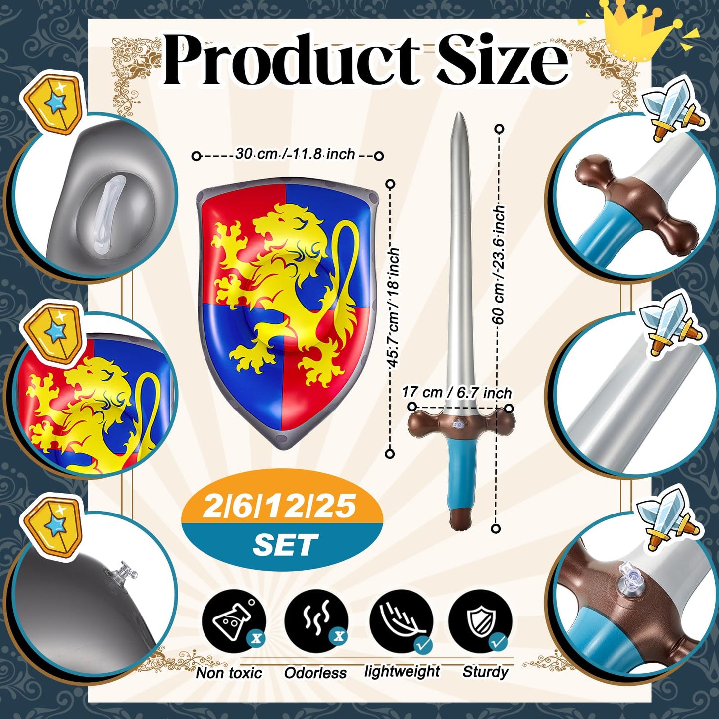 Poen 24 Pcs Inflatable Sword & Shield Knight Set – Party Favors, Cosplay Props, Medieval Decor