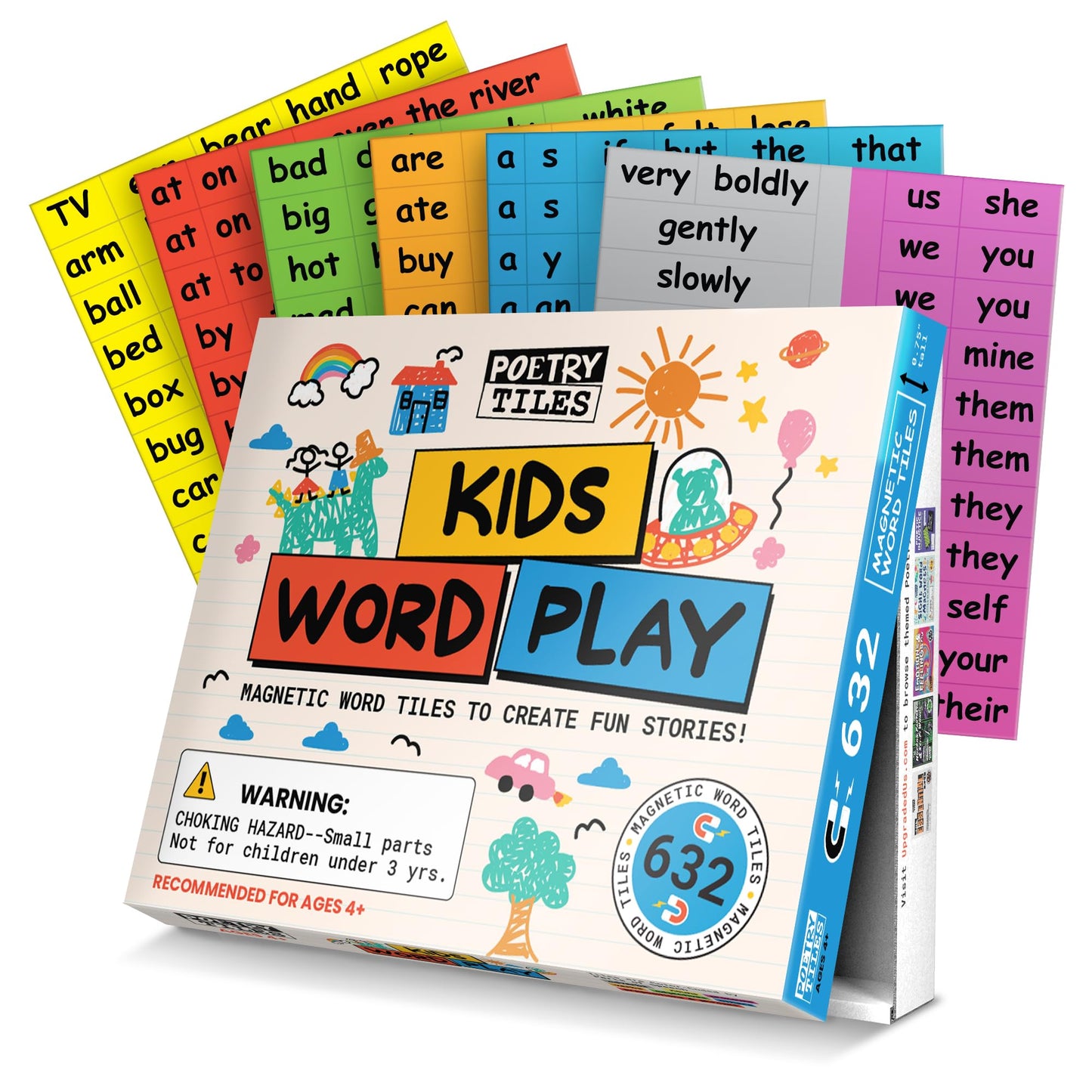 Poetry Tiles 632 Kids Word Play Fridge Magnets – Color-Coded Magnetic Tiles