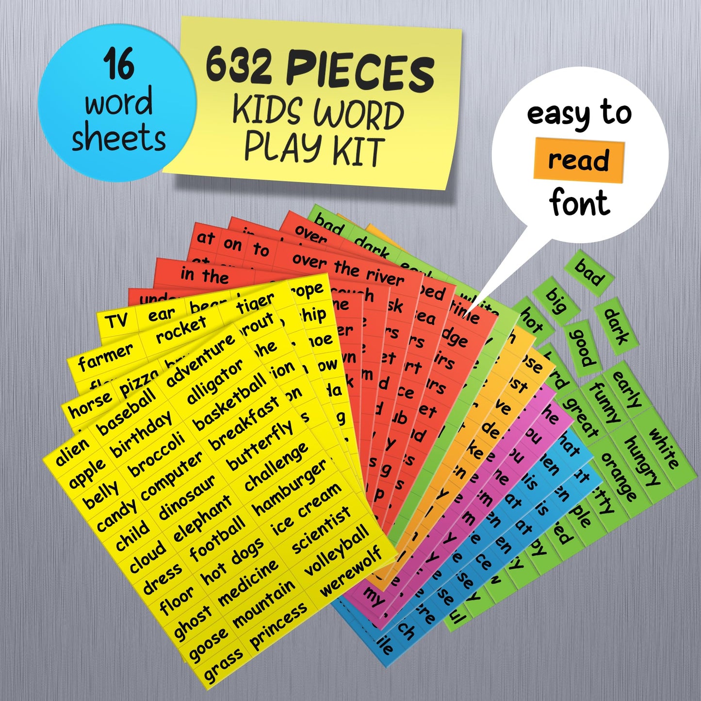 Poetry Tiles 632 Kids Word Play Fridge Magnets – Color-Coded Magnetic Tiles