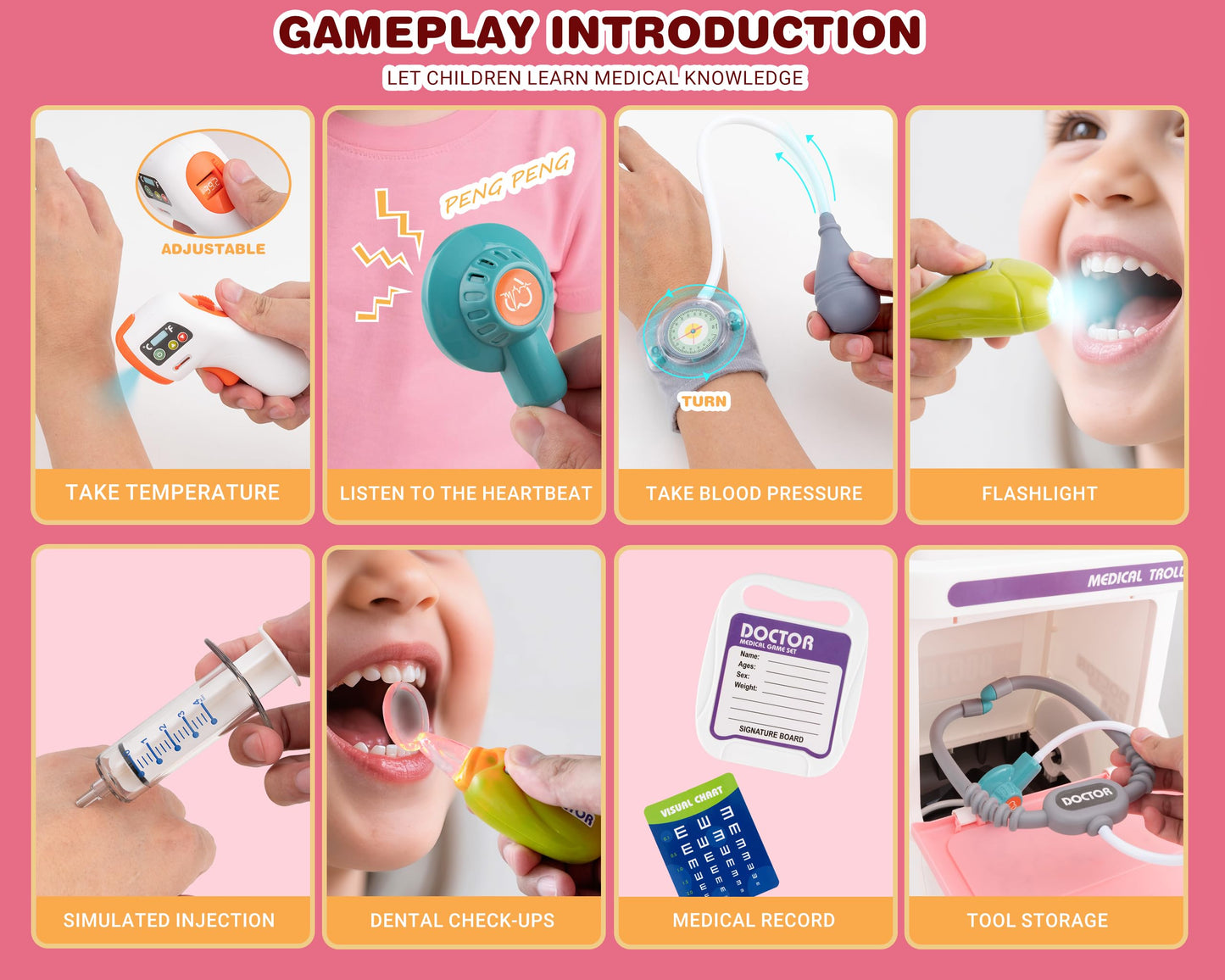 POFJOEQ Doctor Kit for Toddlers – Deluxe Pretend Play Medical Cart (Pink)
