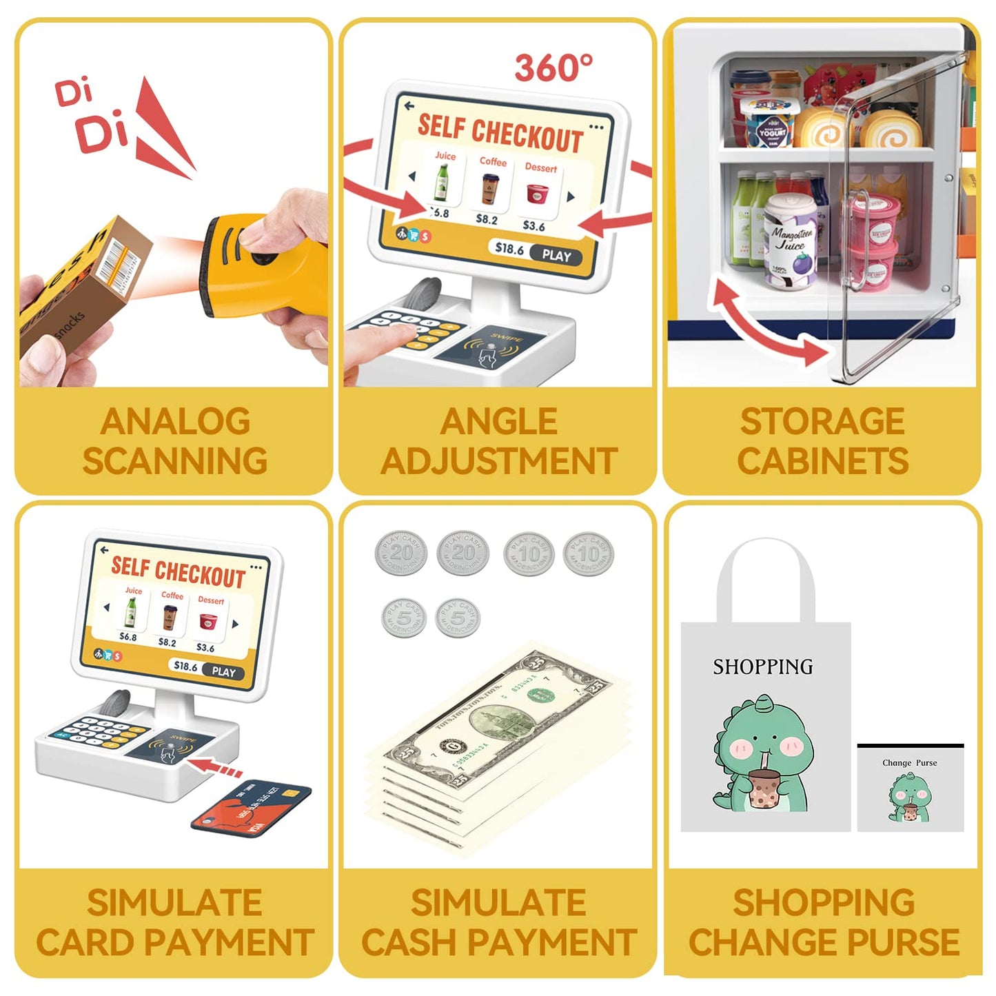 POFJOEQ Cash Register Playset – 46-Piece Pretend Money Kit with Scanner, Cards & Food (Ages 3+)