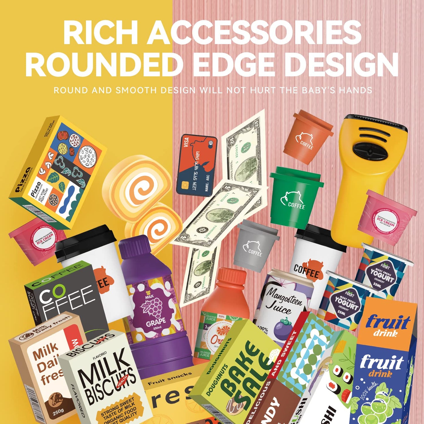 POFJOEQ Cash Register Playset – 46-Piece Pretend Money Kit with Scanner, Cards & Food (Ages 3+)