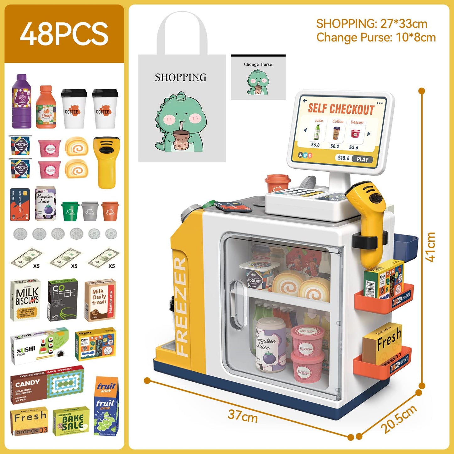 POFJOEQ Cash Register Playset – 46-Piece Pretend Money Kit with Scanner, Cards & Food (Ages 3+)