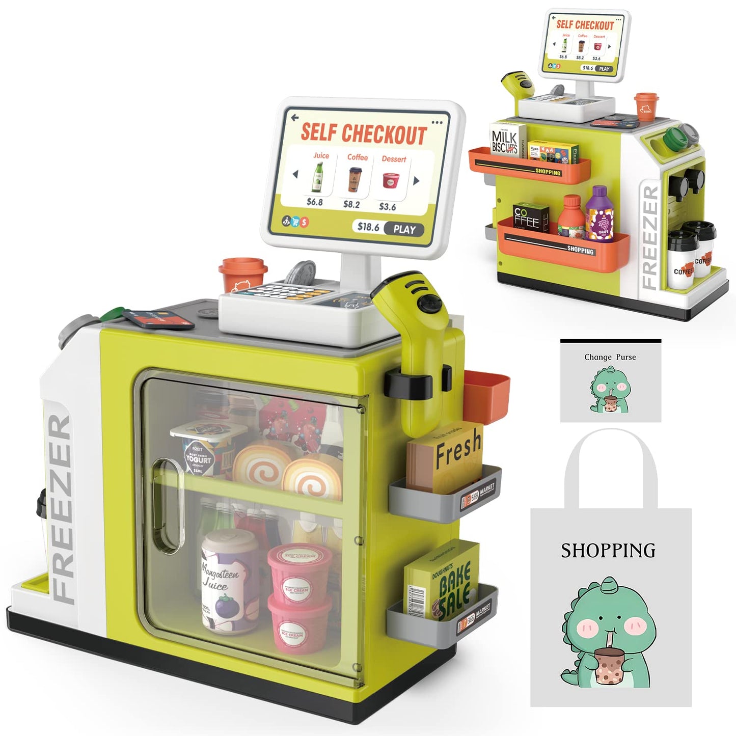 POFJOEQ Cash Register Playset for Kids – 48PCS Pretend Money, Scanner, Card & Food (668-124)