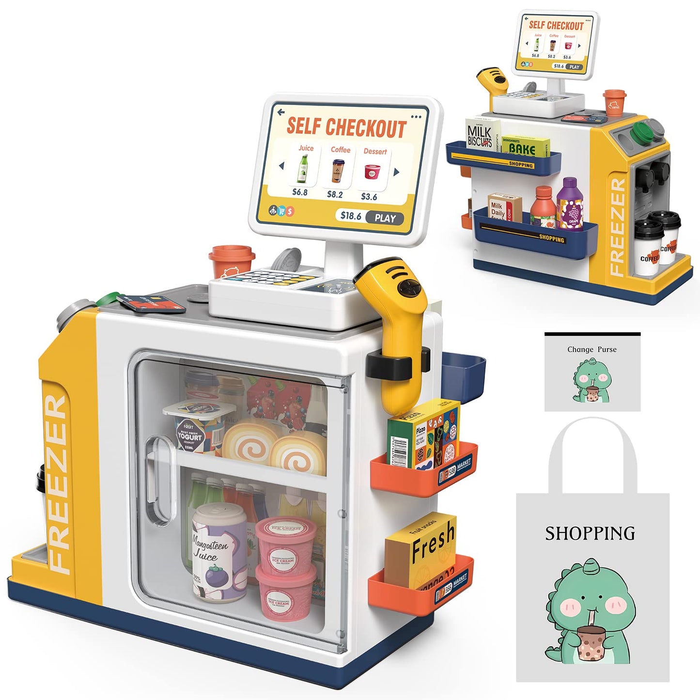 POFJOEQ Cash Register Playset – 46-Piece Pretend Money Kit with Scanner, Cards & Food (Ages 3+)