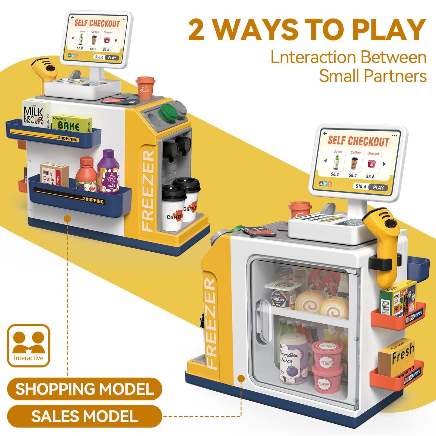 POFJOEQ Cash Register Playset – 46-Piece Pretend Money Kit with Scanner, Cards & Food (Ages 3+)