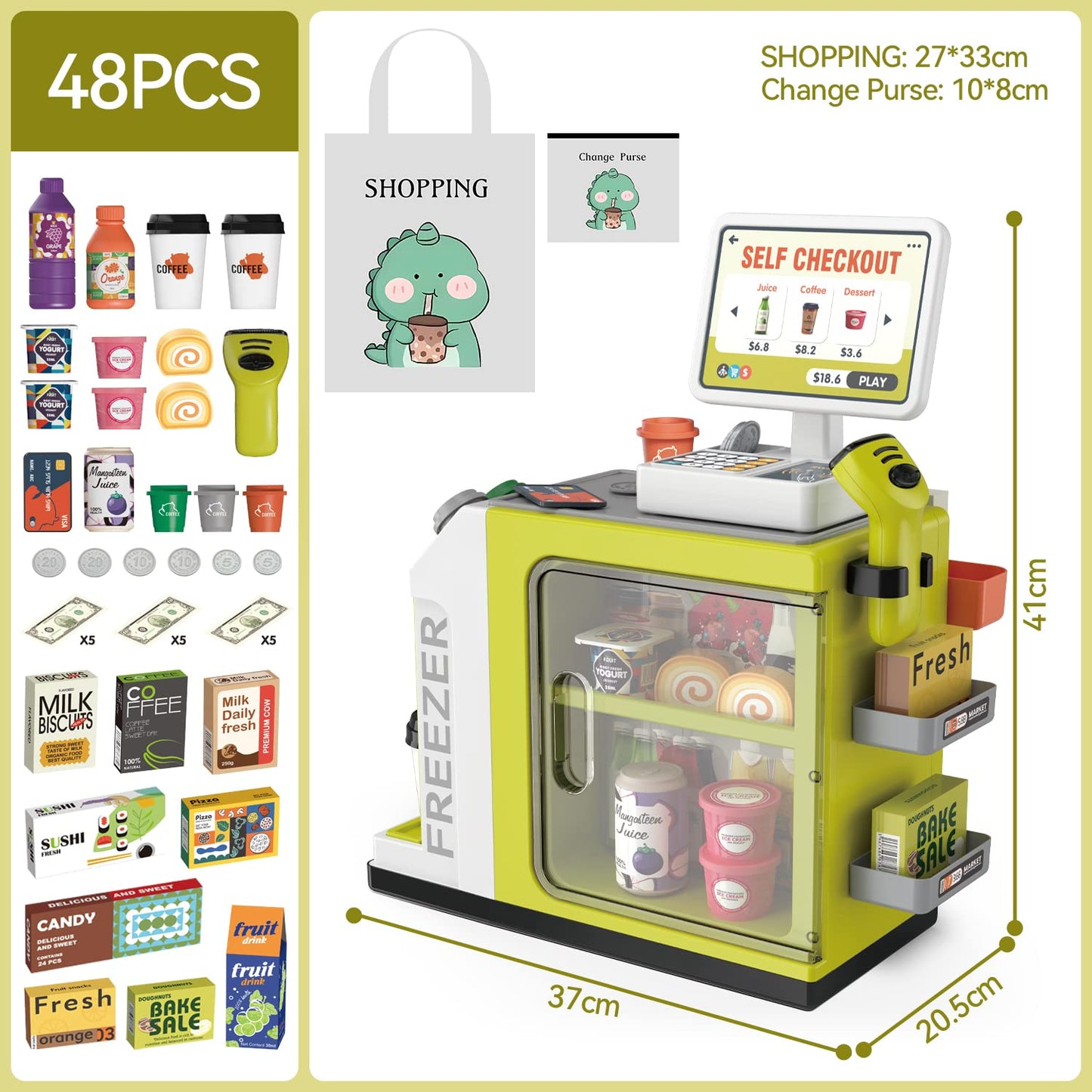 POFJOEQ Cash Register Playset for Kids – 48PCS Pretend Money, Scanner, Card & Food (668-124)