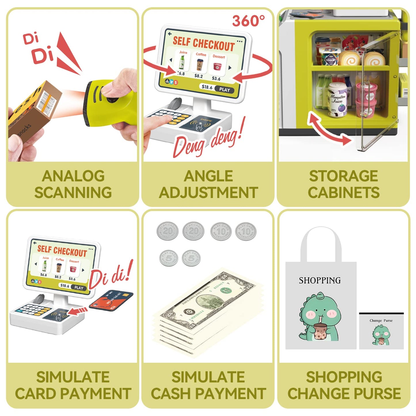POFJOEQ Cash Register Playset for Kids – 48PCS Pretend Money, Scanner, Card & Food (668-124)