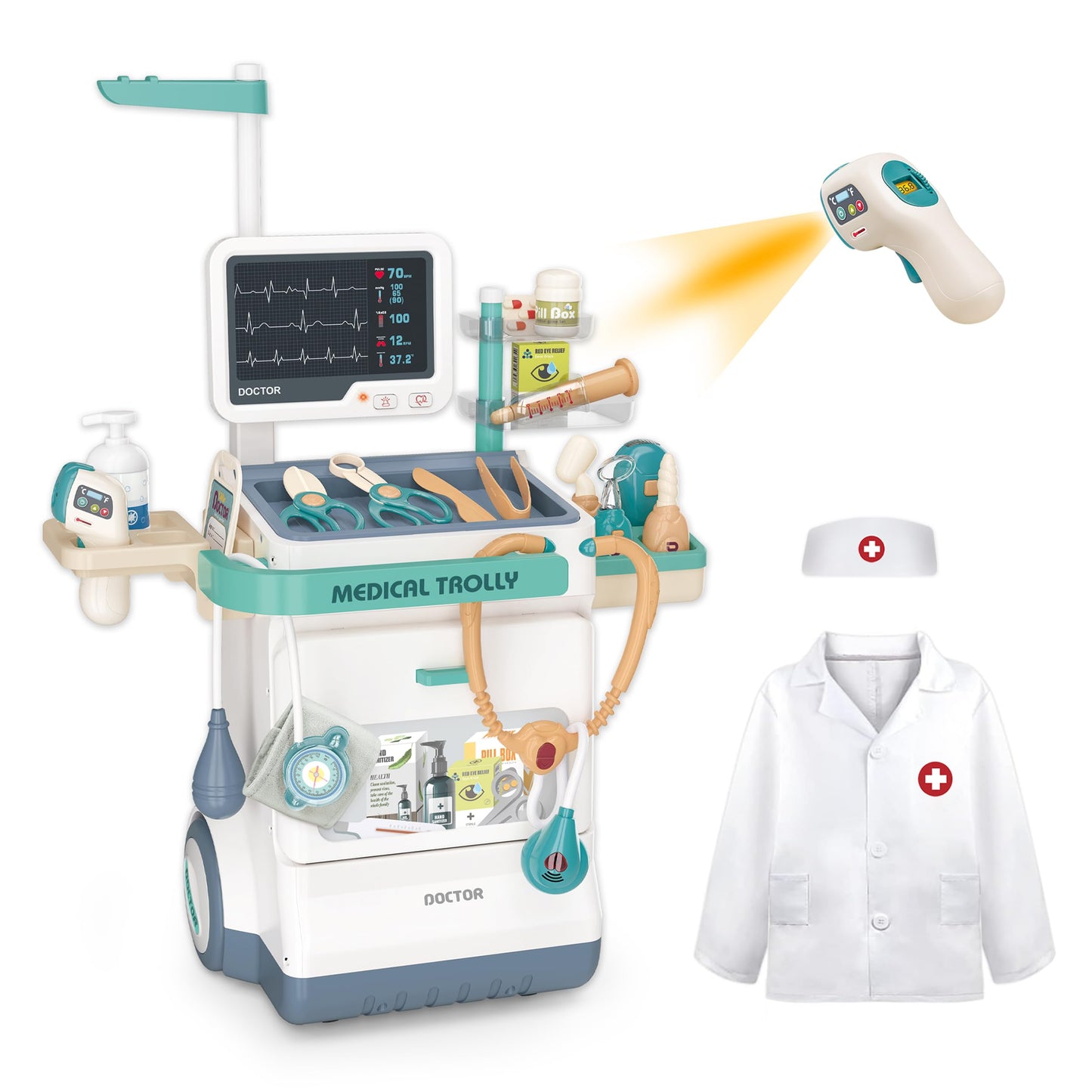 POFJOEQ Deluxe Doctor Kit for Toddlers – 28 Accessories, Mobile Cart with Lights (Ages 3-8)