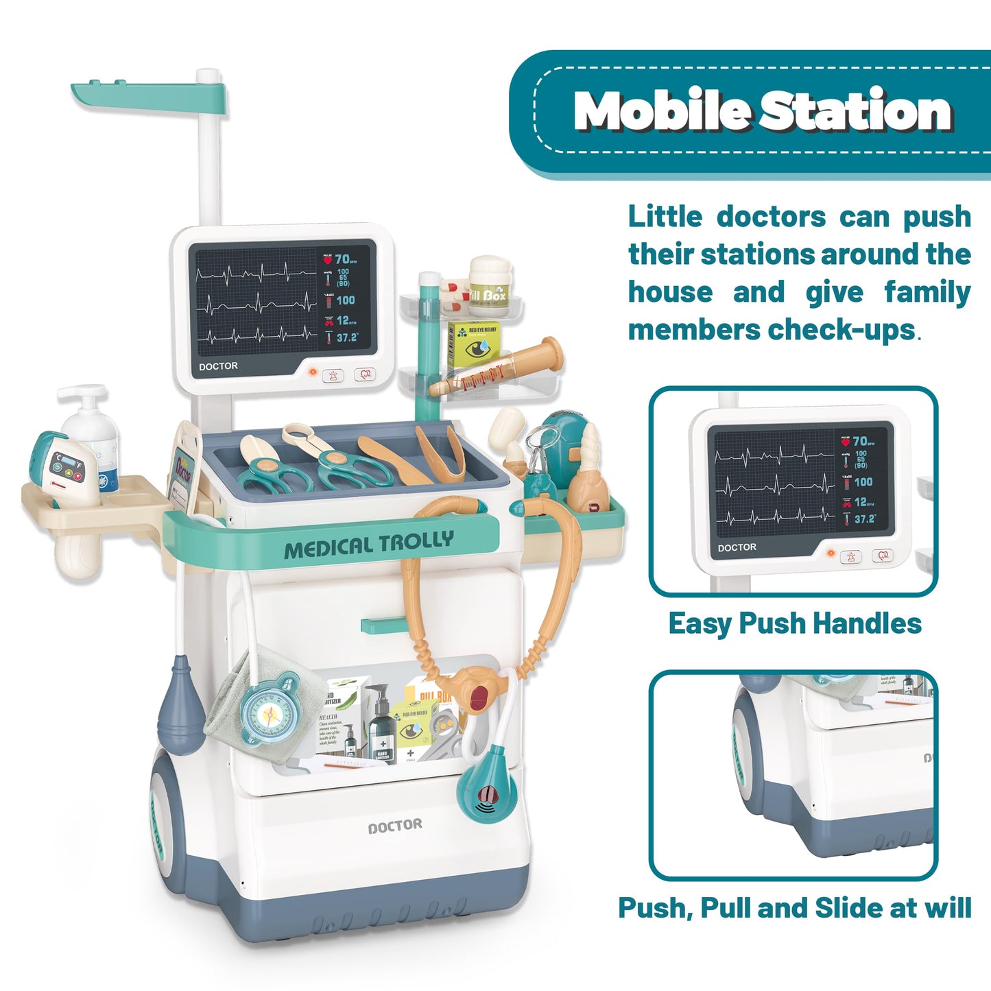 POFJOEQ Deluxe Doctor Kit for Toddlers – 28 Accessories, Mobile Cart with Lights (Ages 3-8)
