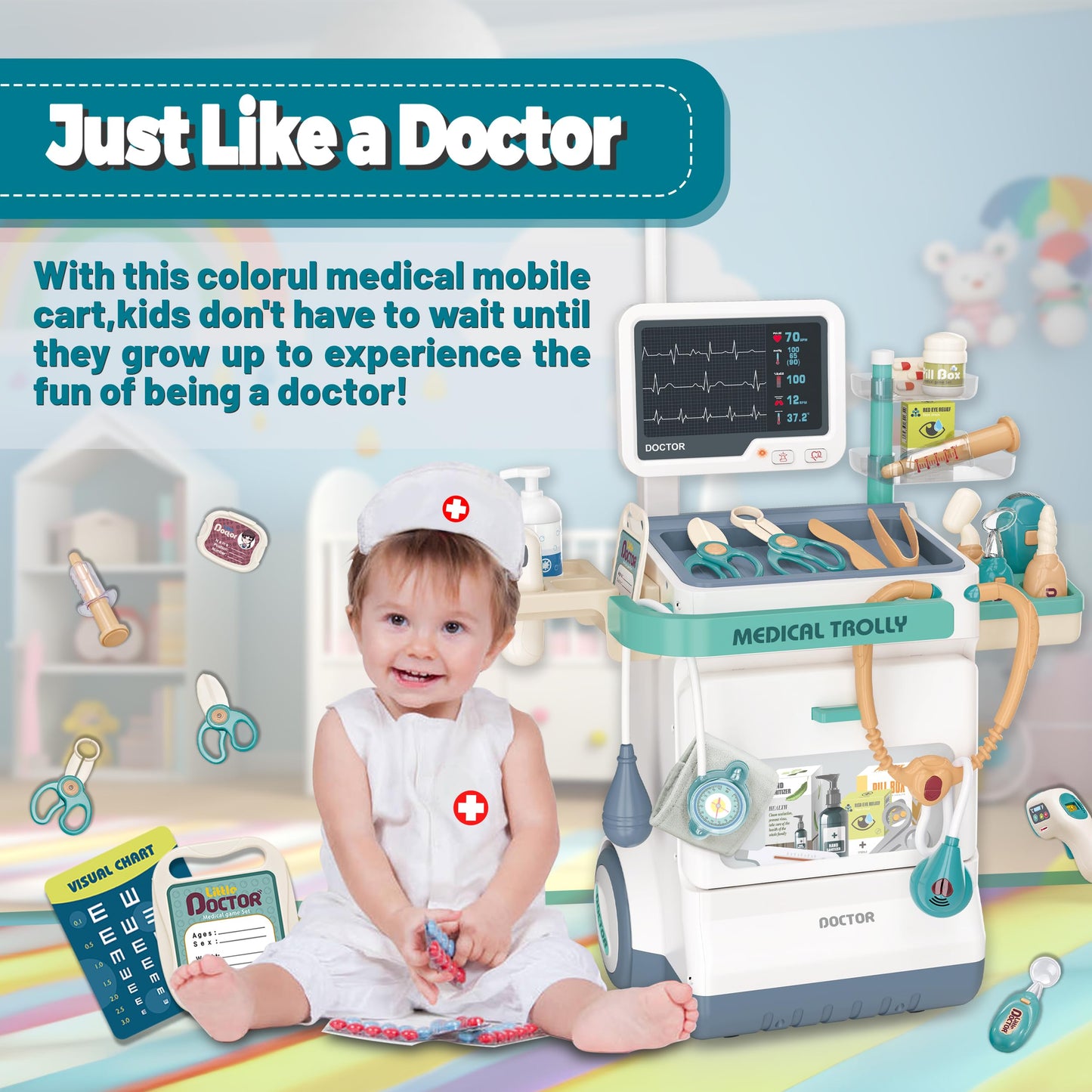 POFJOEQ Deluxe Doctor Kit for Toddlers – 28 Accessories, Mobile Cart with Lights (Ages 3-8)