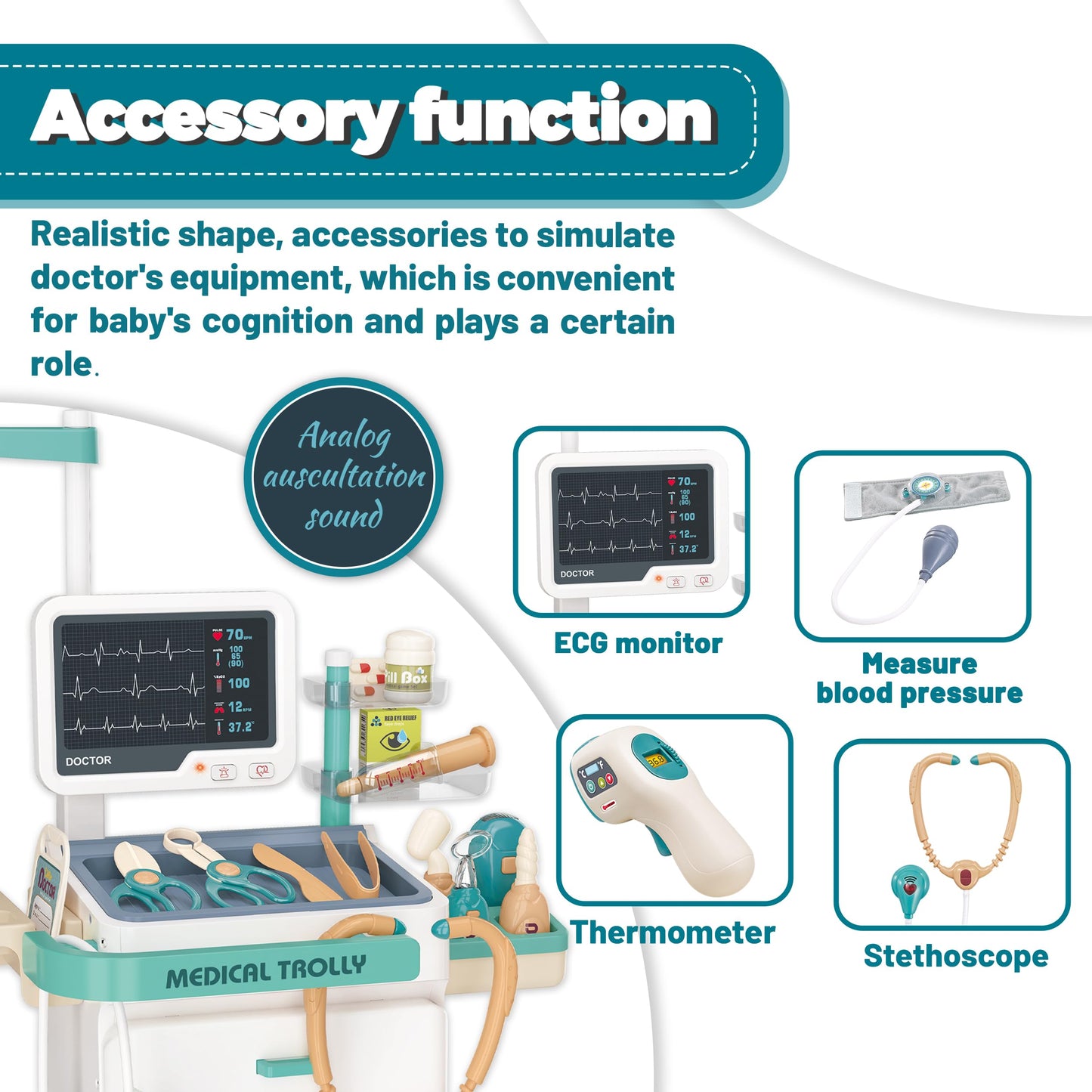POFJOEQ Deluxe Doctor Kit for Toddlers – 28 Accessories, Mobile Cart with Lights (Ages 3-8)