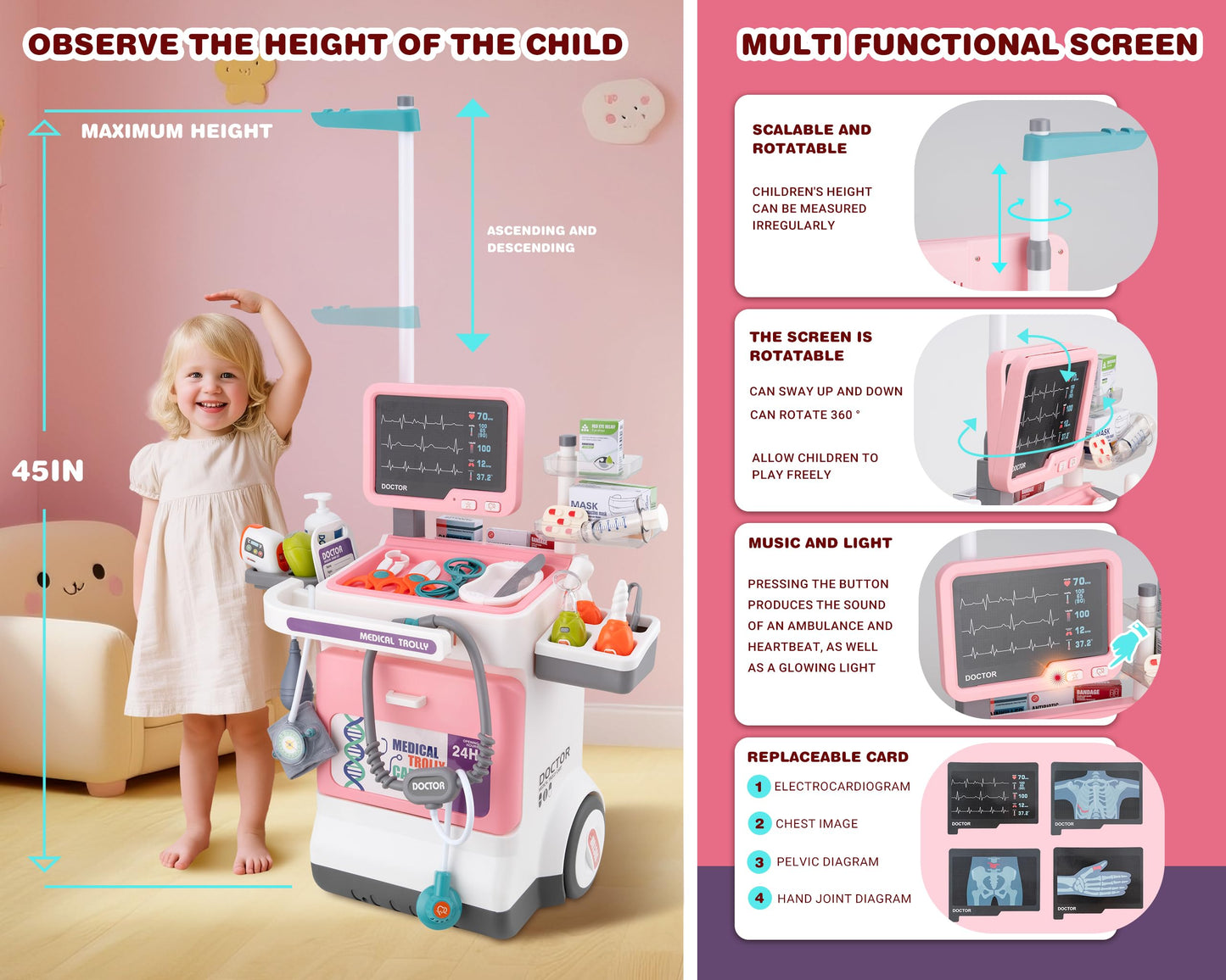 POFJOEQ Doctor Kit for Toddlers – Deluxe Pretend Play Medical Cart (Pink)