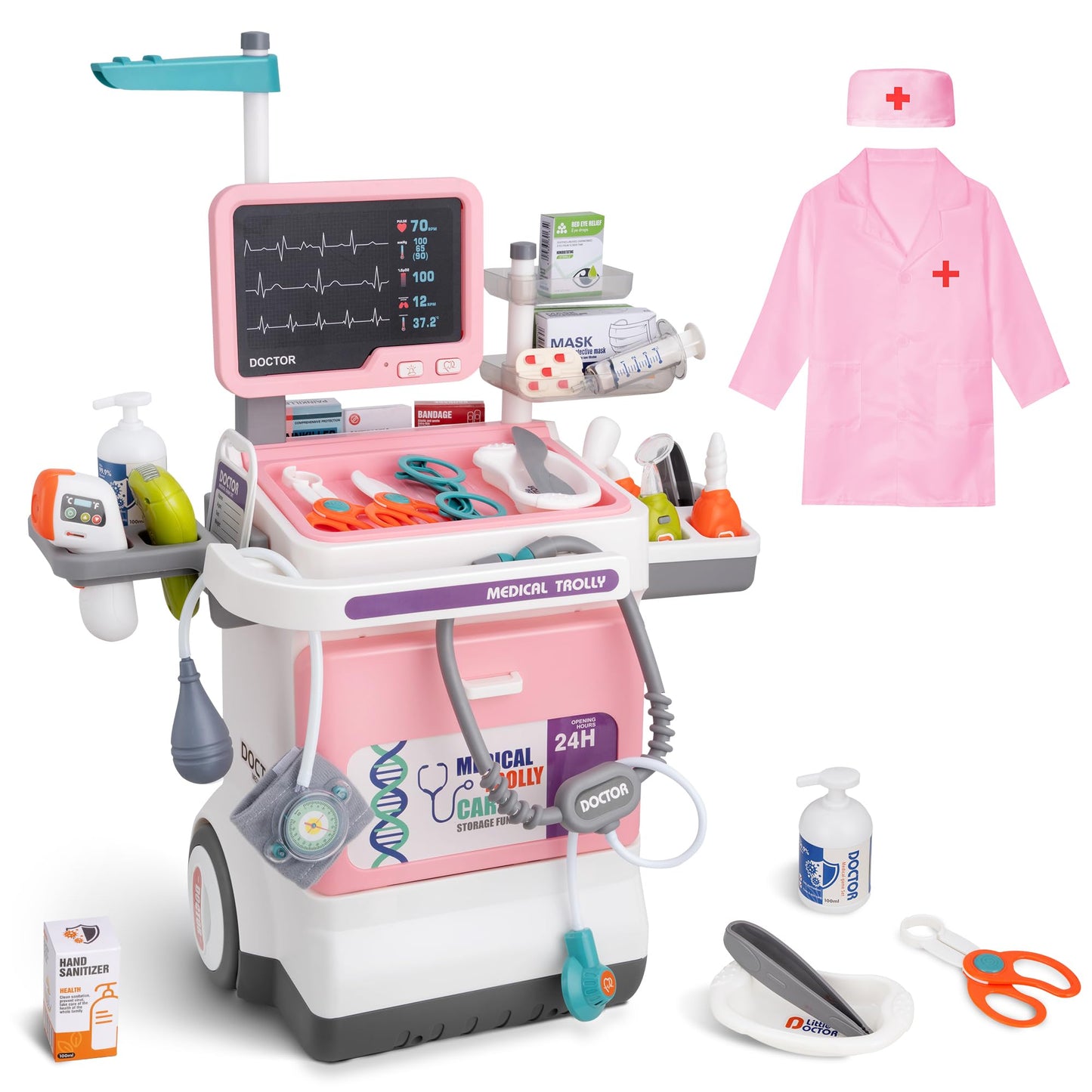 POFJOEQ Doctor Kit for Toddlers – Deluxe Pretend Play Medical Cart (Pink)