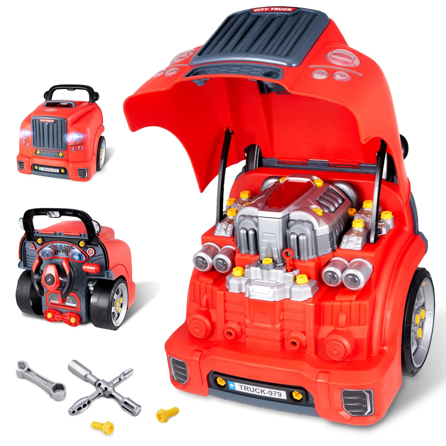 POFJOEQ Interactive Truck Engine Toy with Removable Parts – Lights, Sounds & Creative Repair Play for 3-5 Year Olds