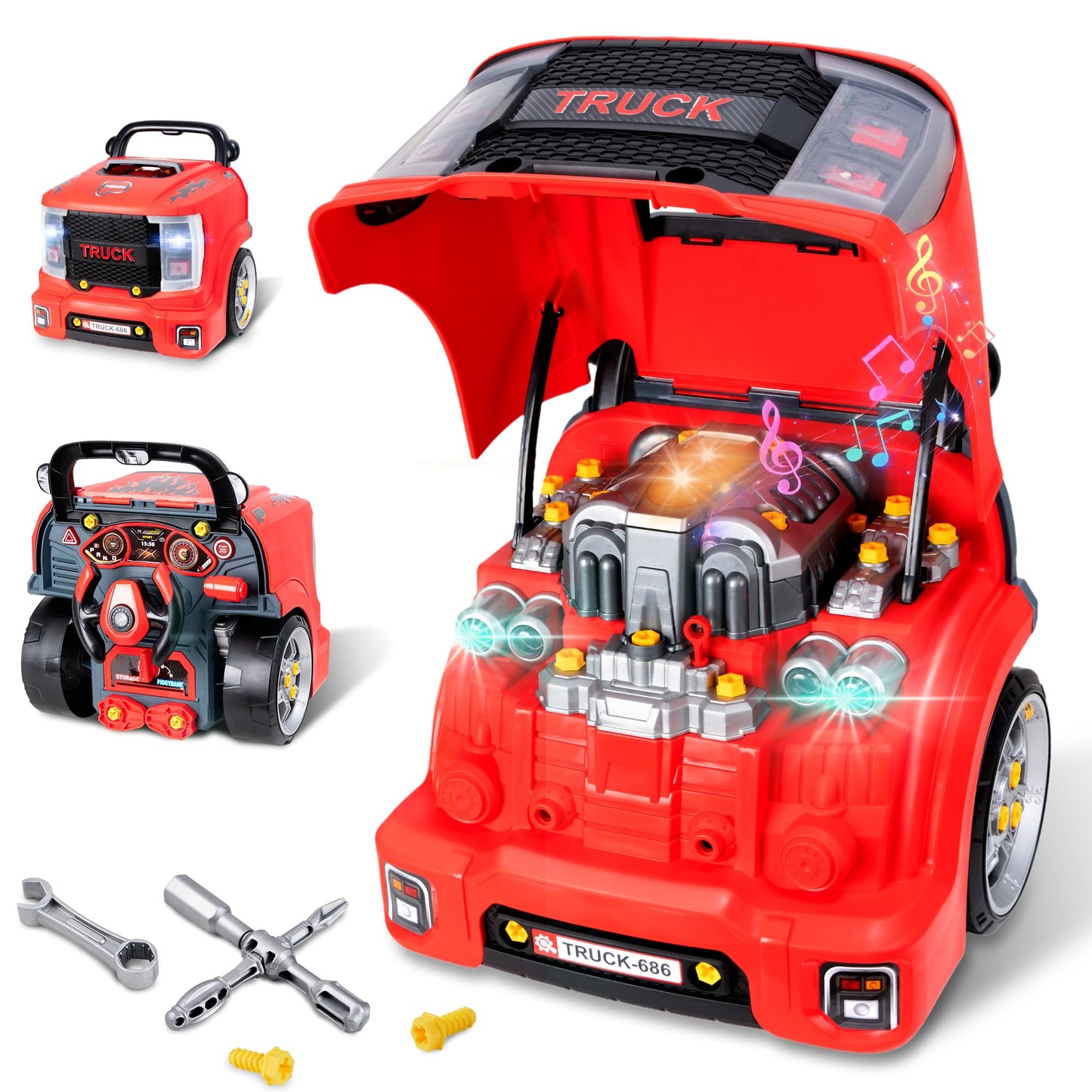 POFJOEQ Interactive Truck Engine Toy with Removable Parts – Lights, Sounds & Realistic Mechanic Play for Toddlers 3-5 (Red)
