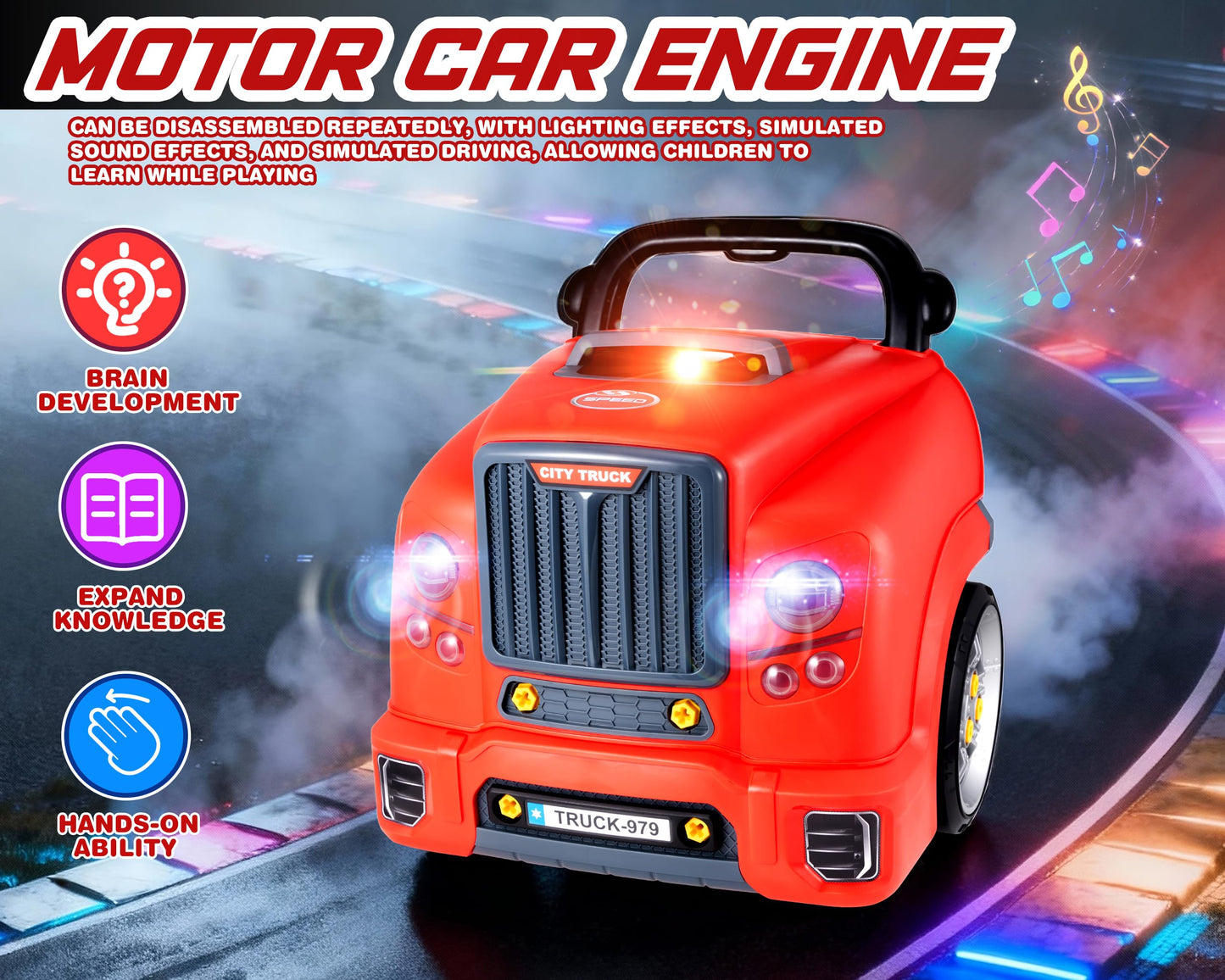 POFJOEQ Interactive Truck Engine Toy with Removable Parts – Lights, Sounds & Creative Repair Play for 3-5 Year Olds