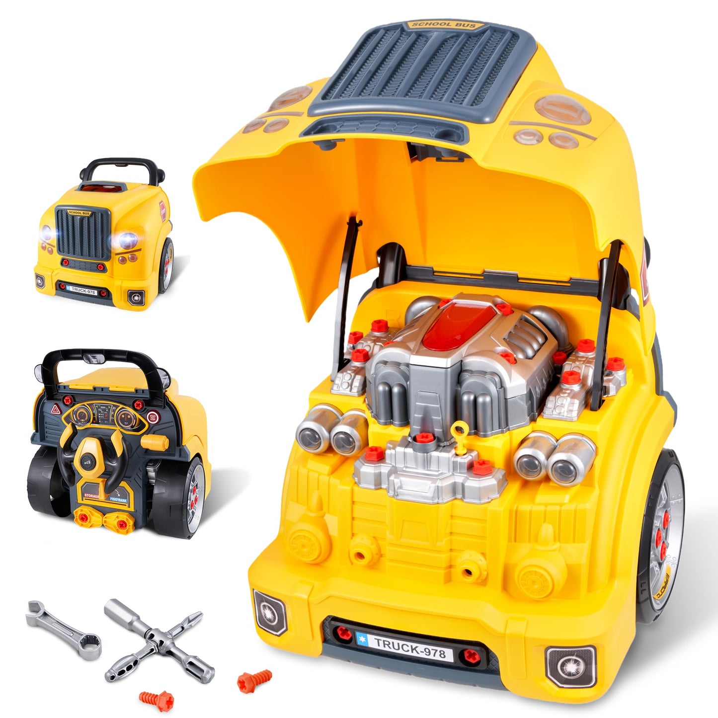 POFJOEQ Interactive Truck Engine Toy with Removable Parts — Lights, Sounds, and Realistic Repair for Young Mechanics