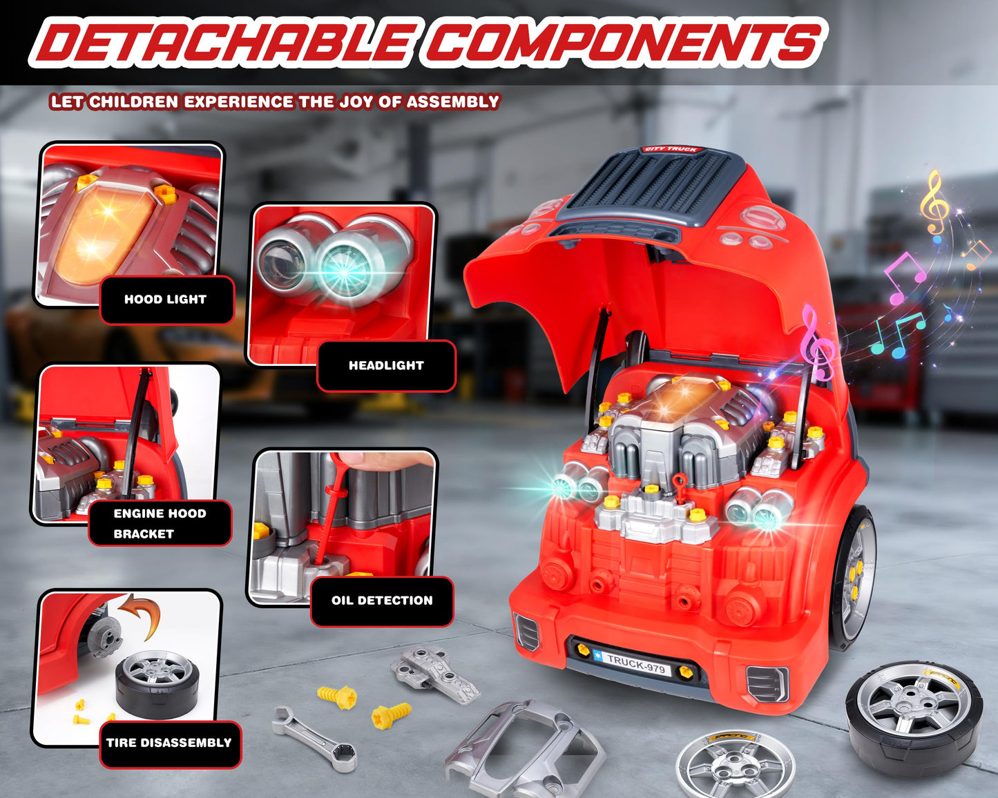 POFJOEQ Interactive Truck Engine Toy with Removable Parts – Lights, Sounds & Creative Repair Play for 3-5 Year Olds