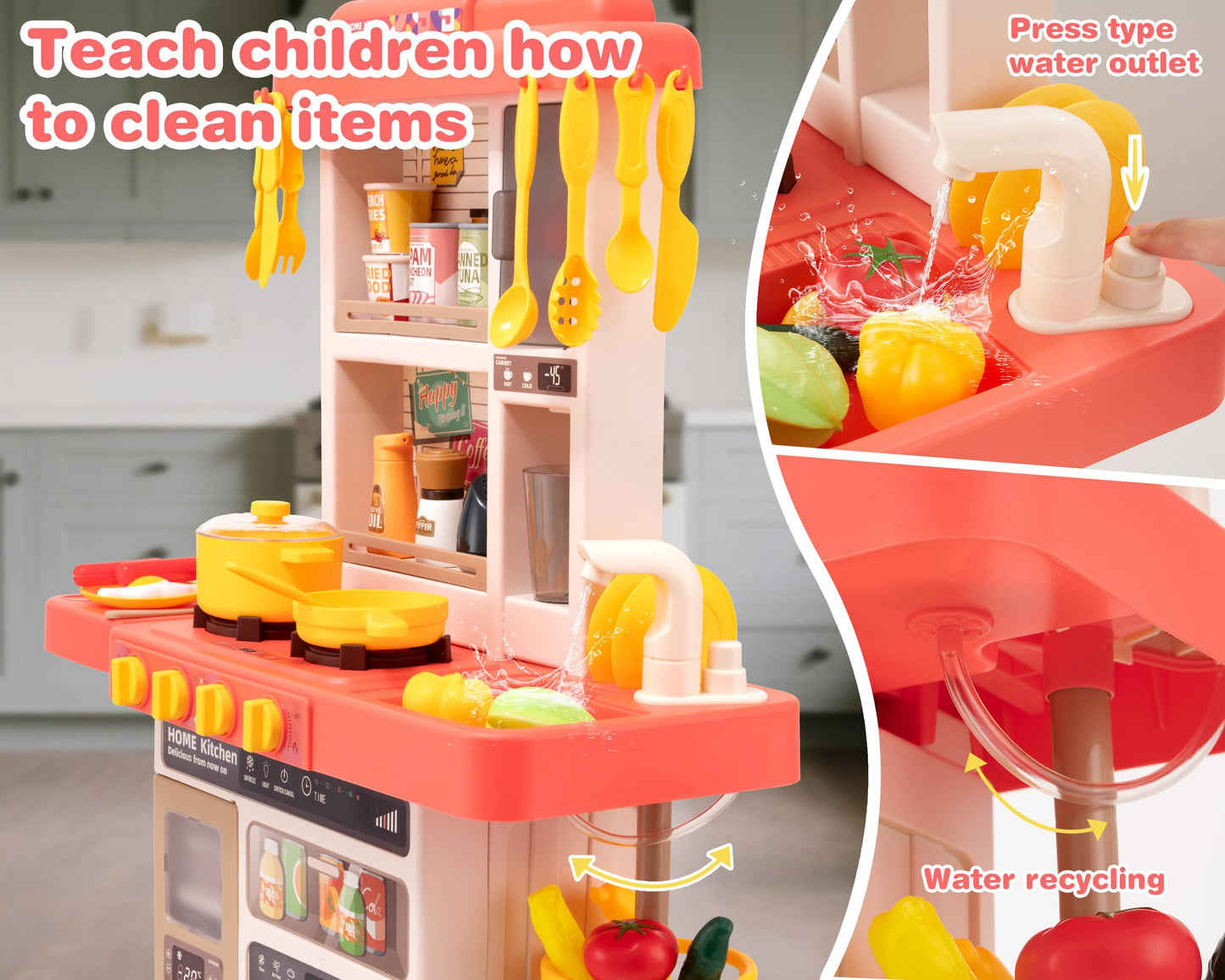 POFJOEQ Kids Kitchen Play Set - 50-Piece Interactive Toy Kitchen (Pink)
