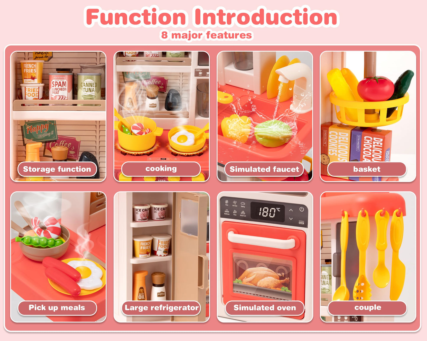 POFJOEQ Kids Kitchen Play Set - 50-Piece Interactive Toy Kitchen (Pink)