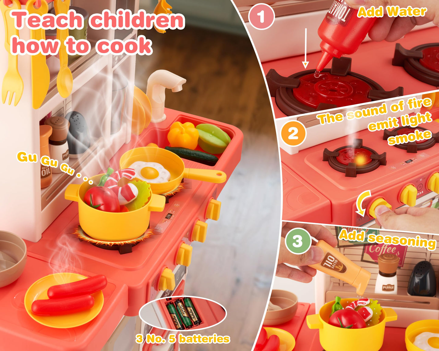 POFJOEQ Kids Kitchen Play Set - 50-Piece Interactive Toy Kitchen (Pink)
